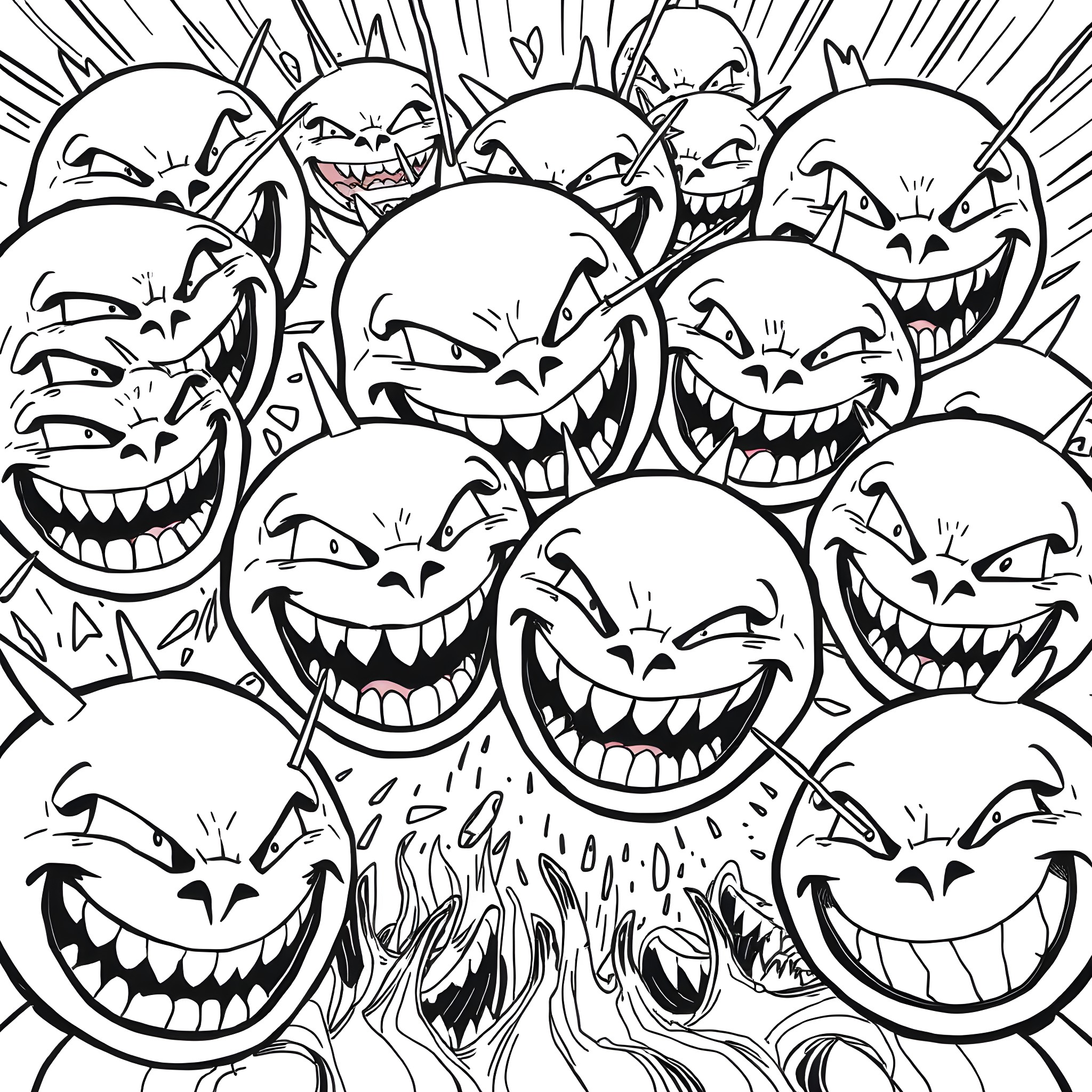 Smiley Face Chaos Explosion Coloring Page (free black-and-white line drawing printable PDF for all, from beginners to advanced learners, including children, teens, adults, and seniors)
