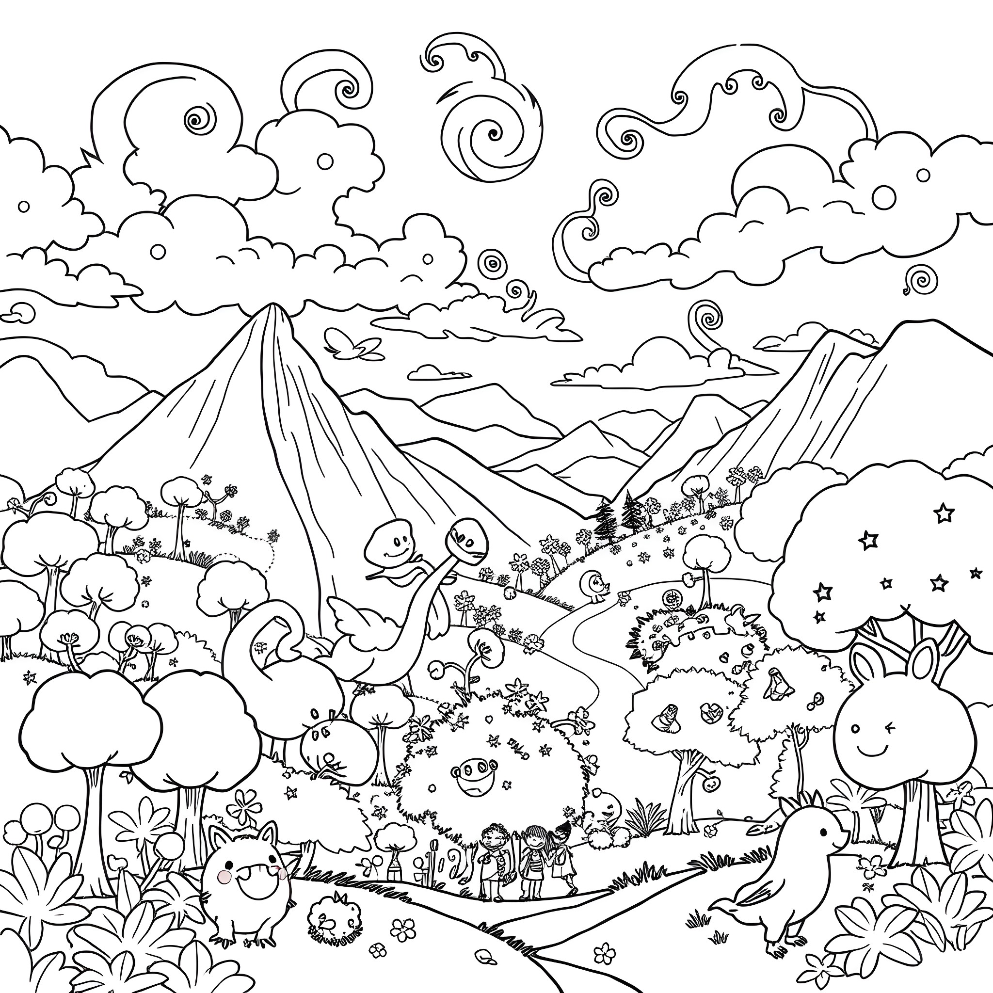 Dandy Creatures Frolic in Whimsical Landscape Coloring Page (free black-and-white line drawing printable PDF for all, from beginners to advanced learners, including children, teens, adults, and seniors)