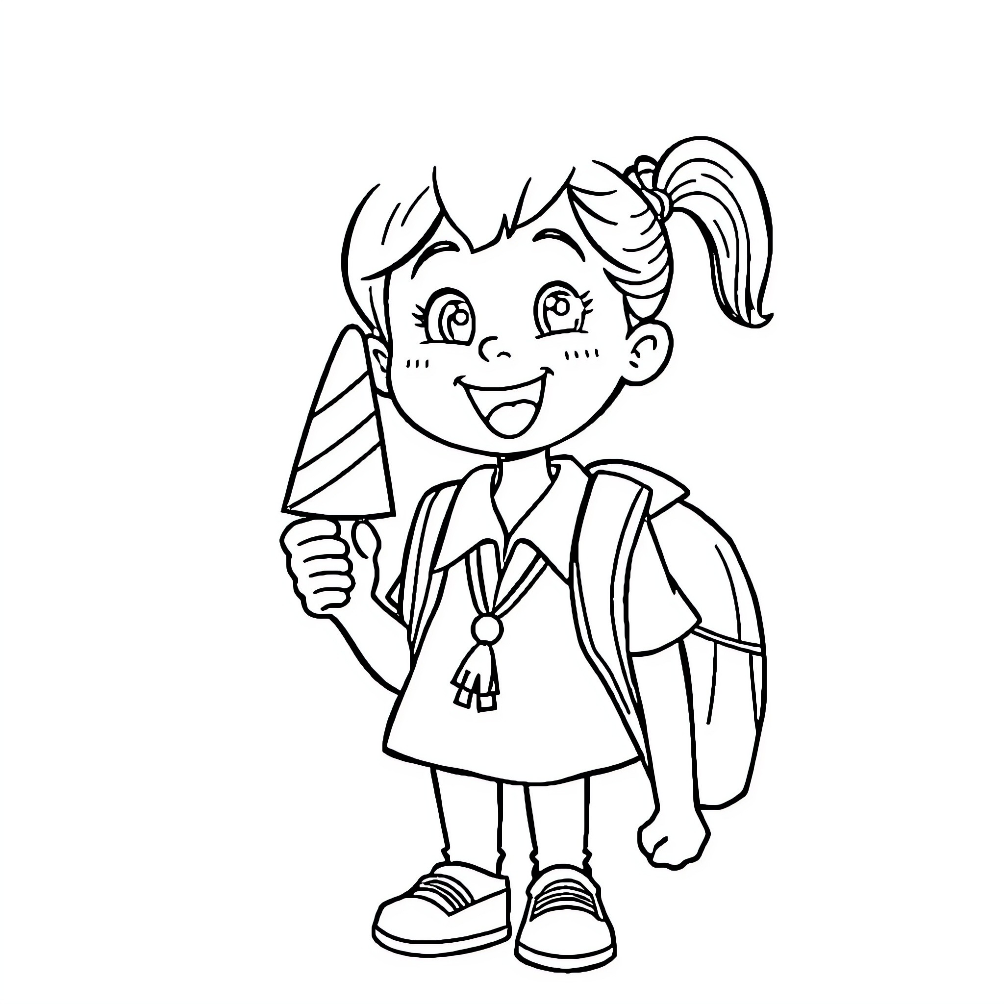 Schoolgirl going to school with backpack Coloring Page (free black-and-white line drawing printable PDF for all, from beginners to advanced learners, including children, teens, adults, and seniors)