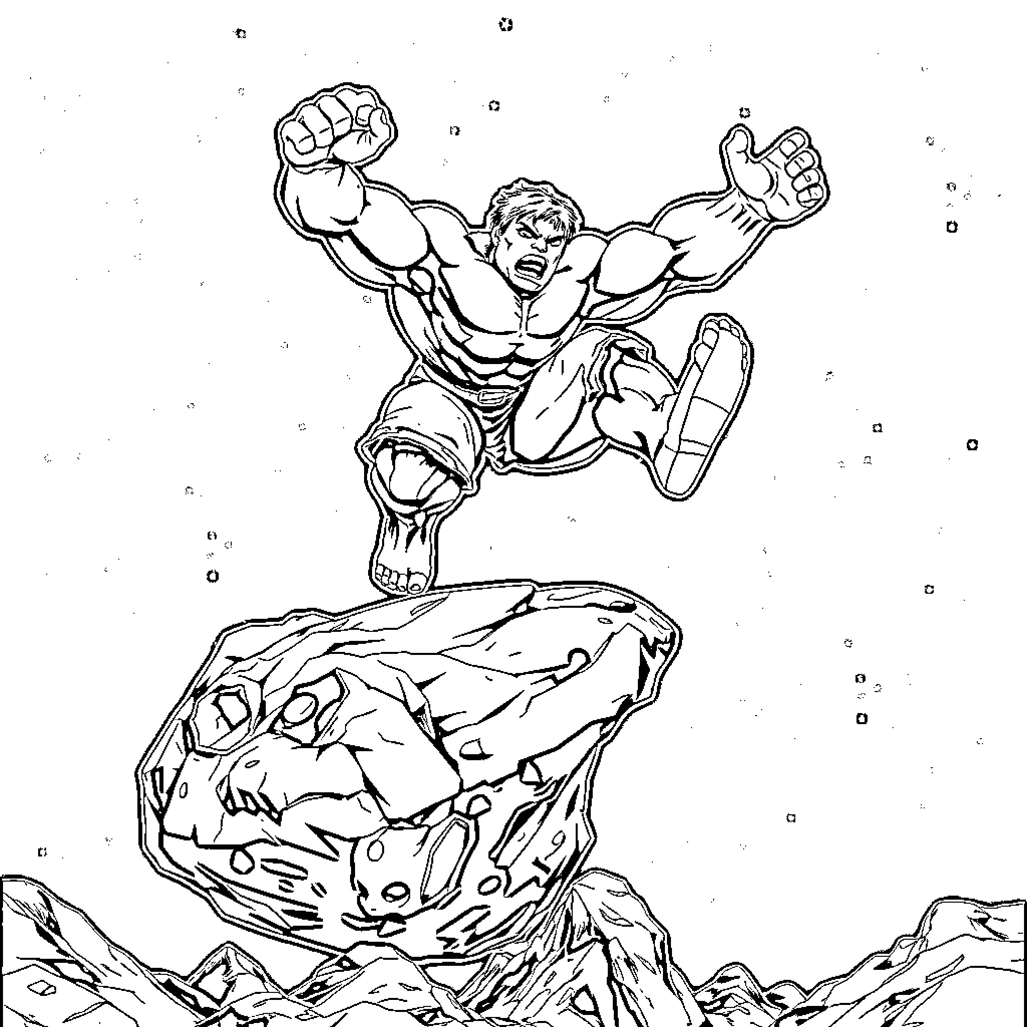 Hulk Smashing Rocks in Dramatic Action Scene Coloring Page (free black-and-white line drawing printable PDF for all, from beginners to advanced learners, including children, teens, adults, and seniors)