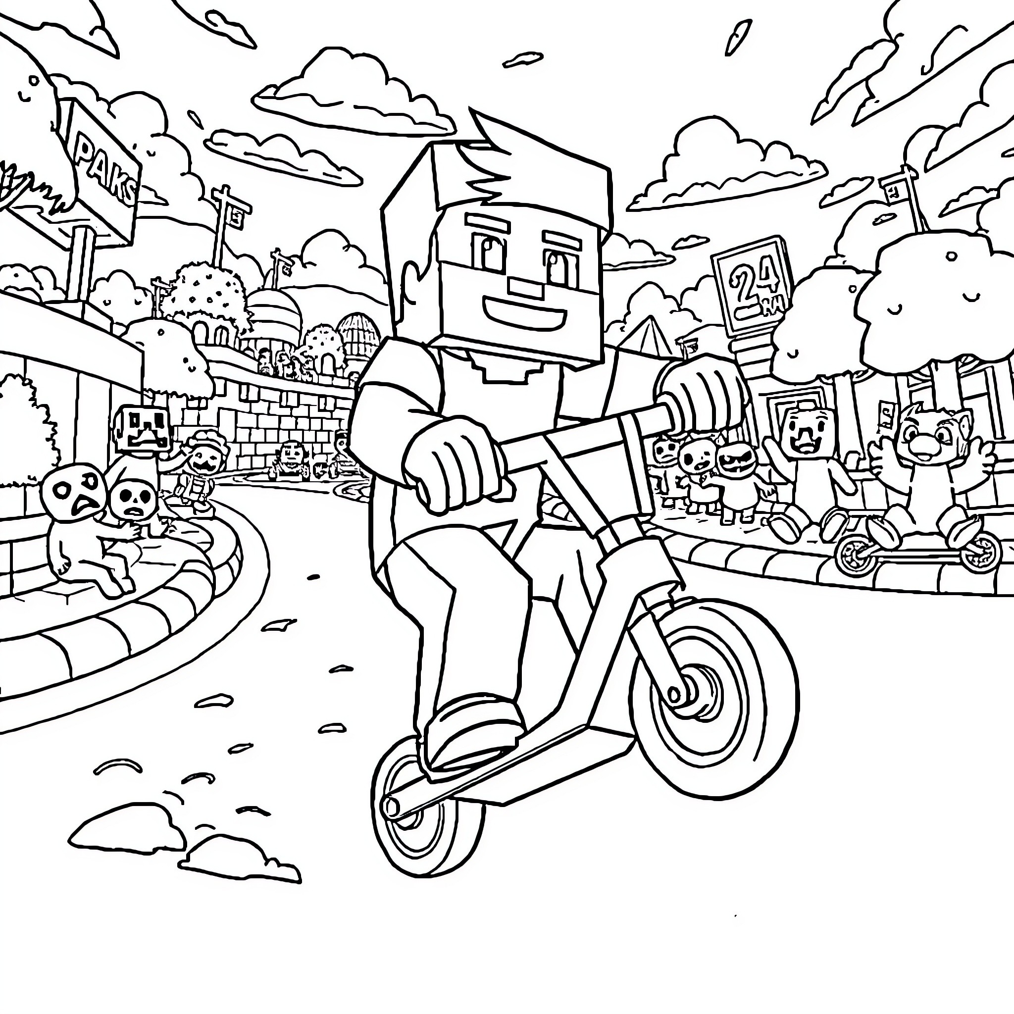Minecraft Steve riding a scooter in a busy town Coloring Page (free black-and-white line drawing printable PDF for all, from beginners to advanced learners, including children, teens, adults, and seniors)