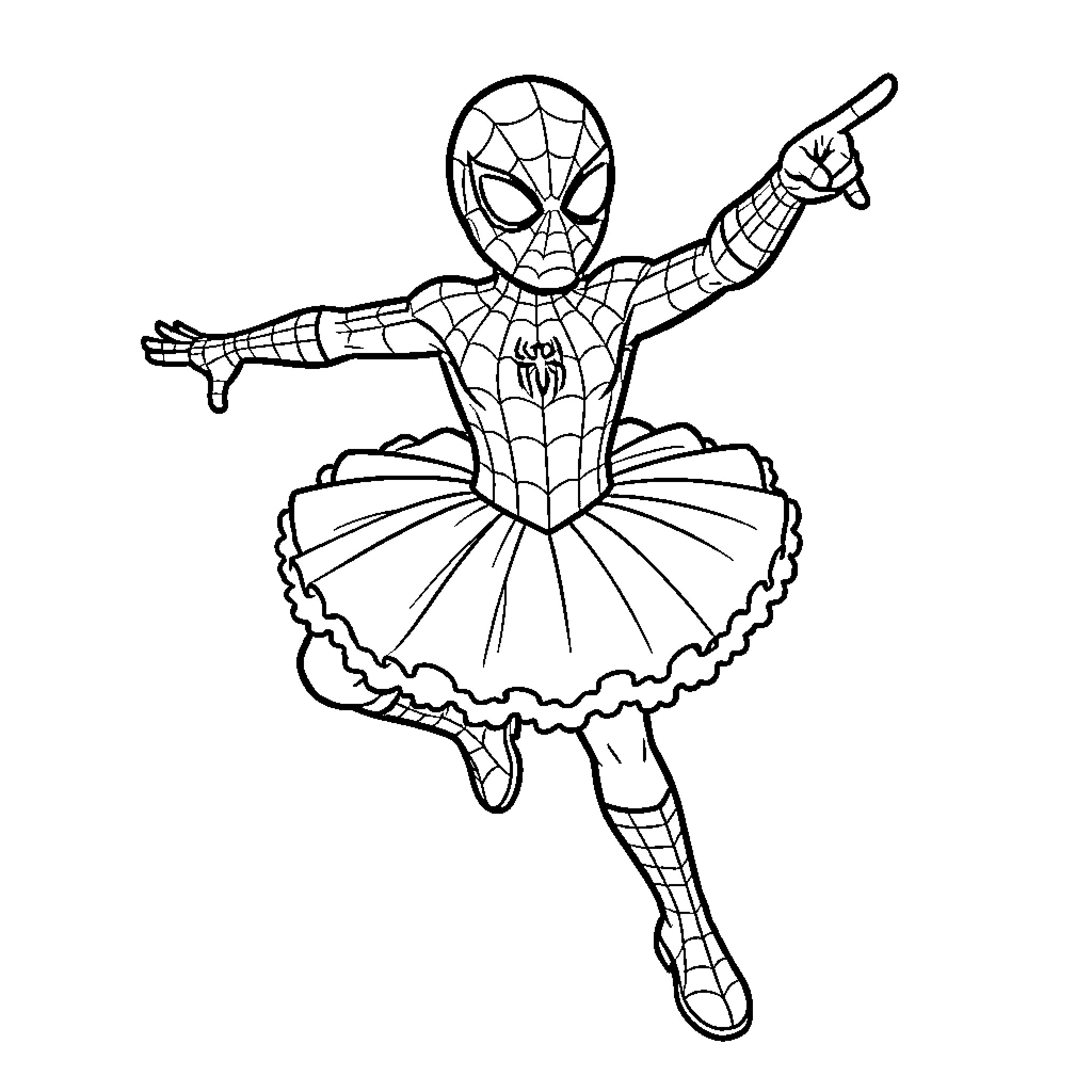 Spider-Man performing a ballet dance in a tutu Coloring Page (free black-and-white line drawing printable PDF for all, from beginners to advanced learners, including children, teens, adults, and seniors)