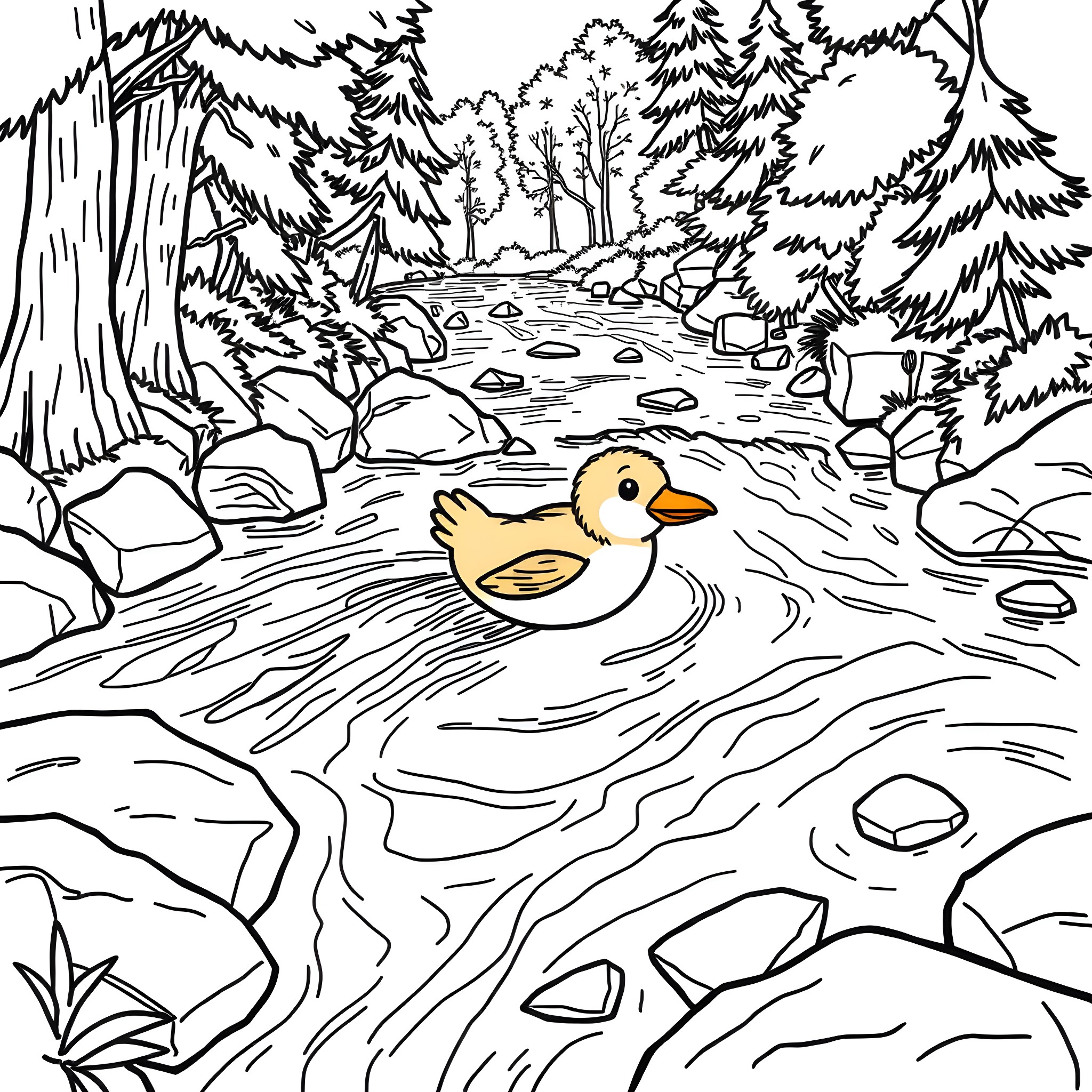 Golduck swimming in a forest stream Coloring Page (free black-and-white line drawing printable PDF for all, from beginners to advanced learners, including children, teens, adults, and seniors)