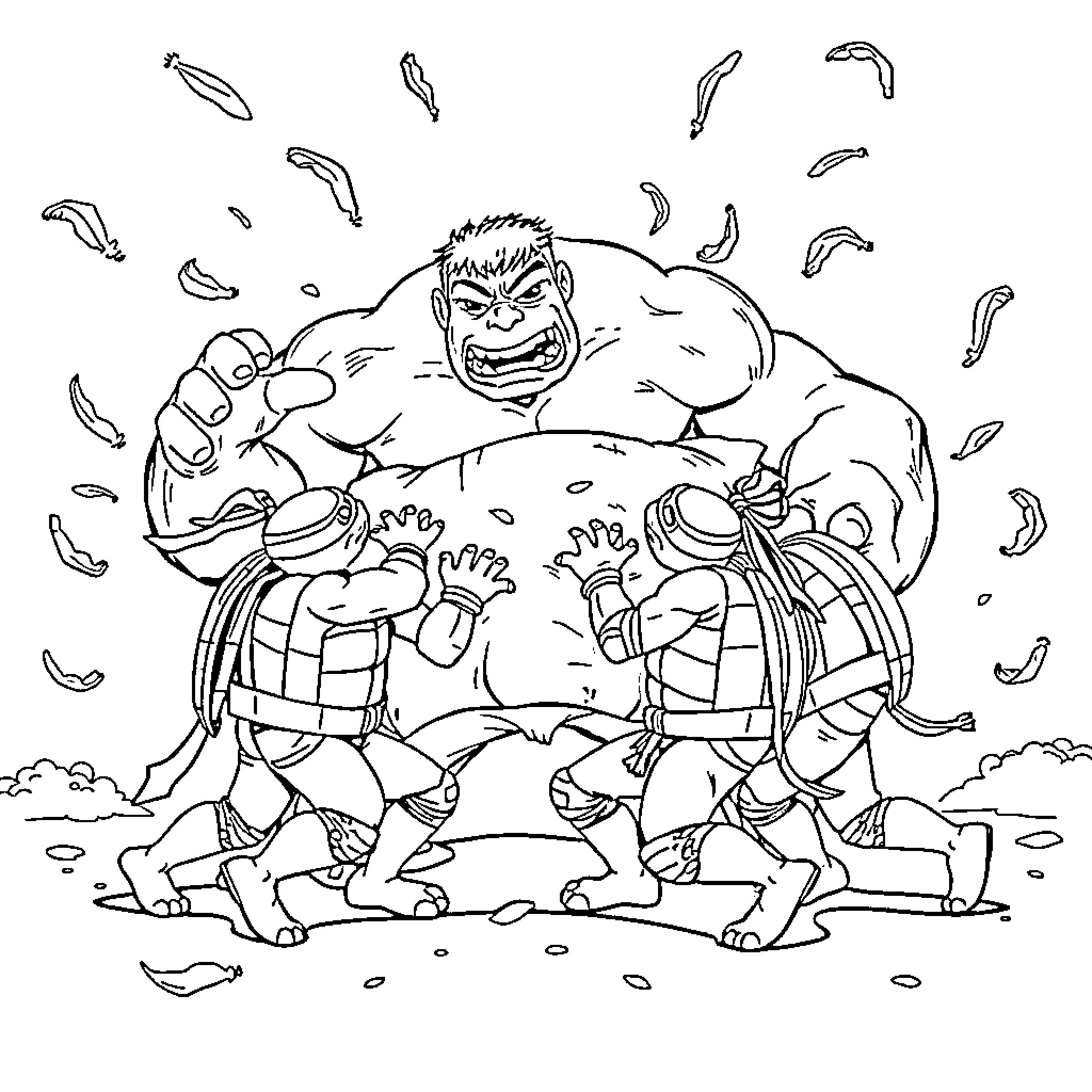 Ninja Turtle characters in action-packed scene Coloring Page (free black-and-white line drawing printable PDF for all, from beginners to advanced learners, including children, teens, adults, and seniors)