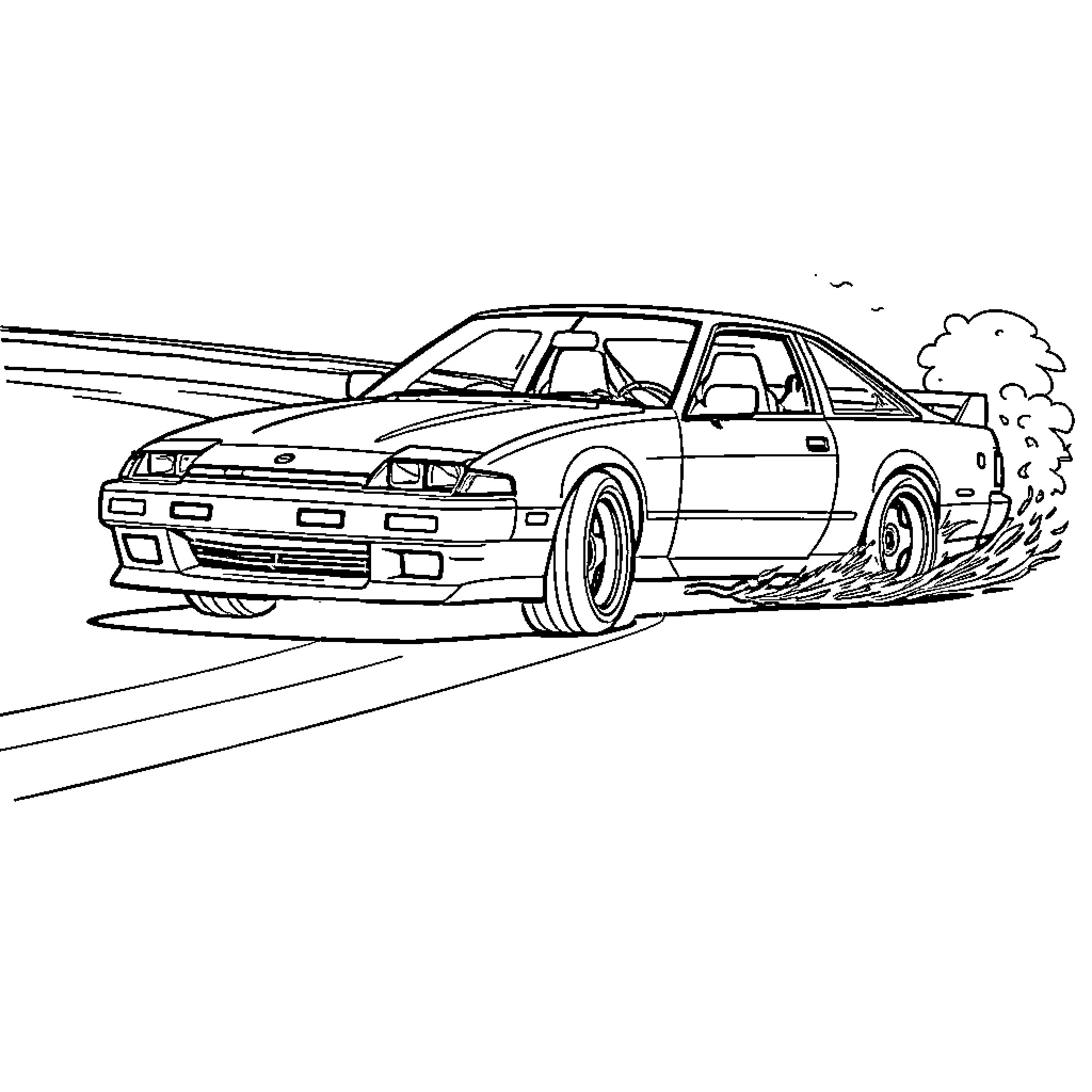 Nissan 240sx drifting on the road Coloring Page (free black-and-white line drawing printable PDF for all, from beginners to advanced learners, including children, teens, adults, and seniors)