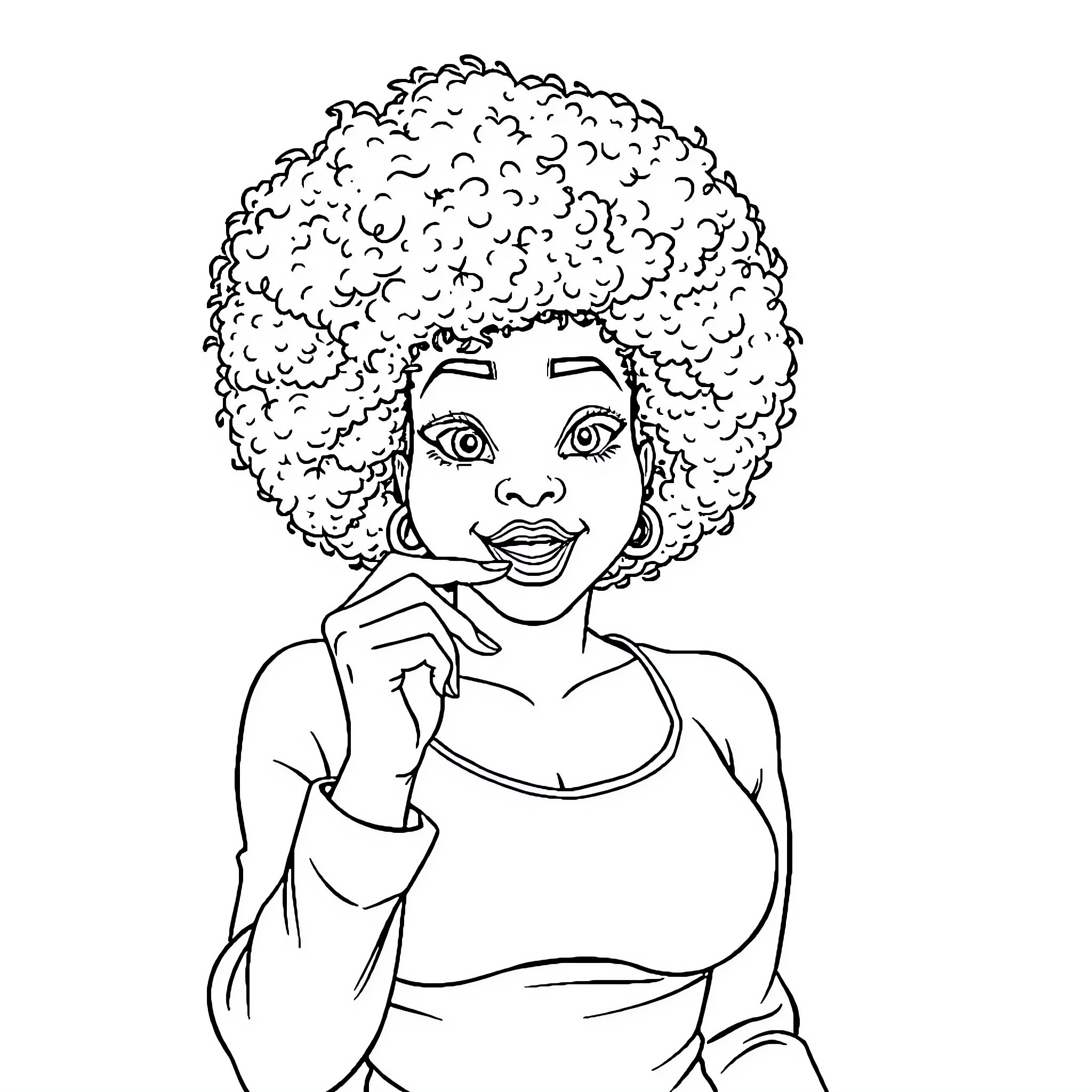 Woman with Curly Hair Smiling Expressively Coloring Page (free black-and-white line drawing printable PDF for all, from beginners to advanced learners, including children, teens, adults, and seniors)