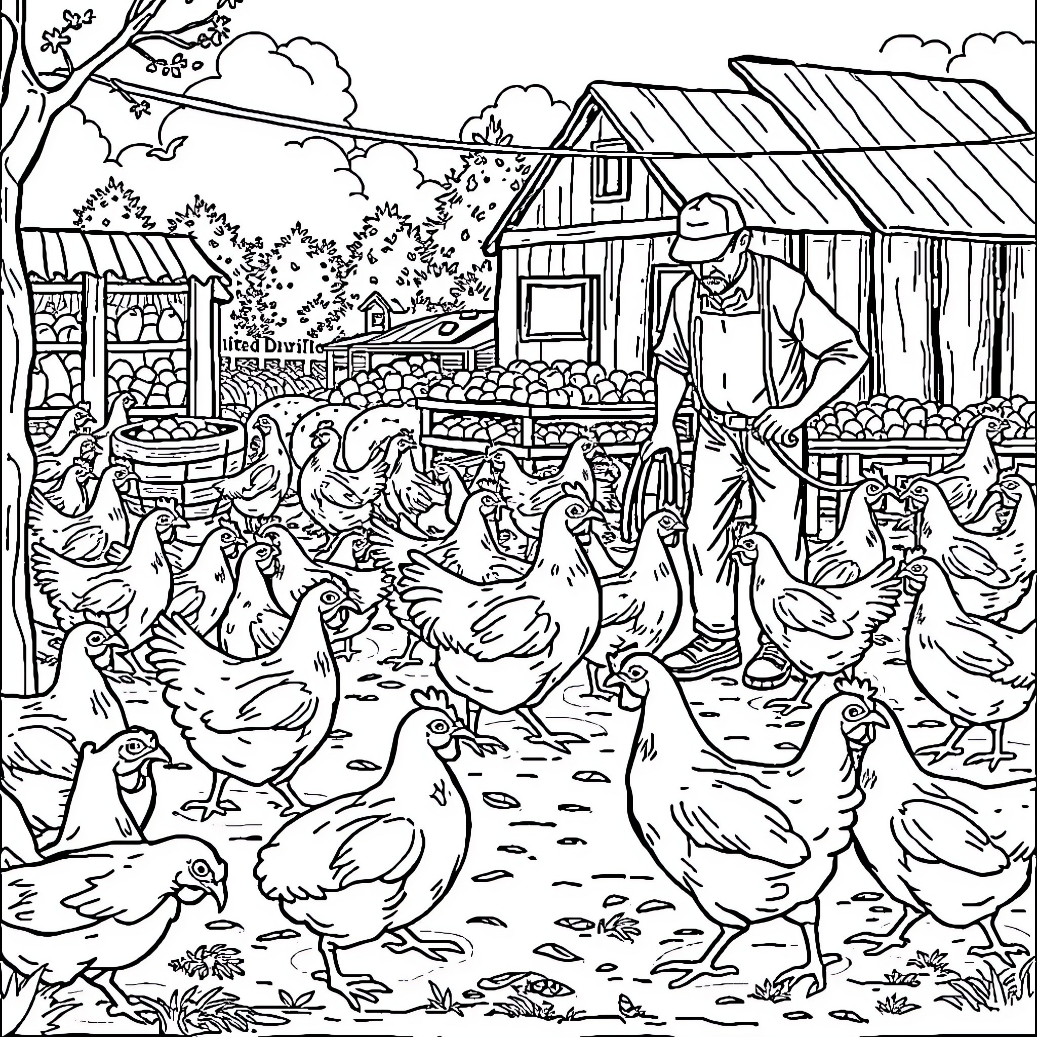 Poultry Farmer Tending to Chickens on the Farm Coloring Page (free black-and-white line drawing printable PDF for all, from beginners to advanced learners, including children, teens, adults, and seniors)