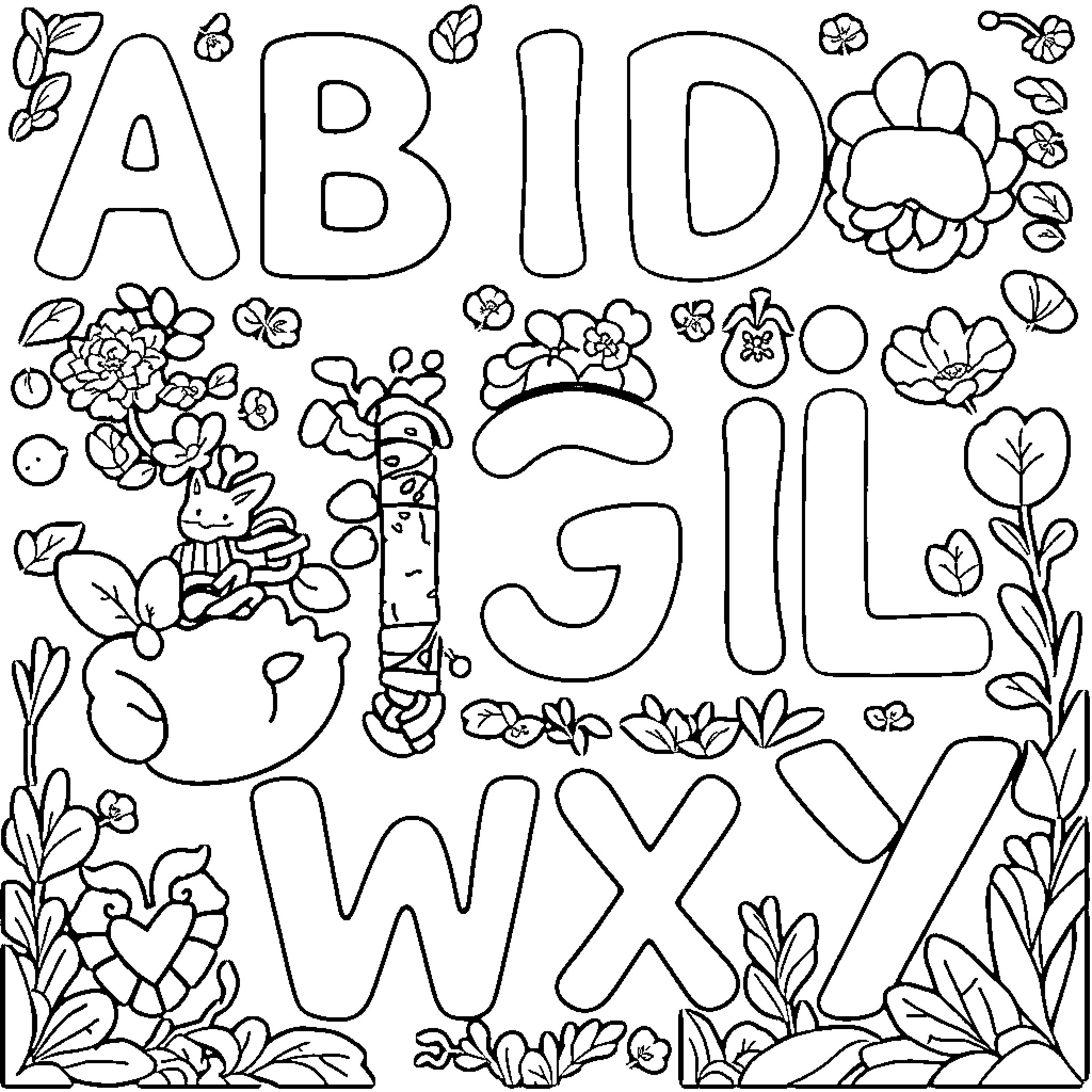 Alphabet with Floral and Botanical Decorations Coloring Page (free black-and-white line drawing printable PDF for all, from beginners to advanced learners, including children, teens, adults, and seniors)