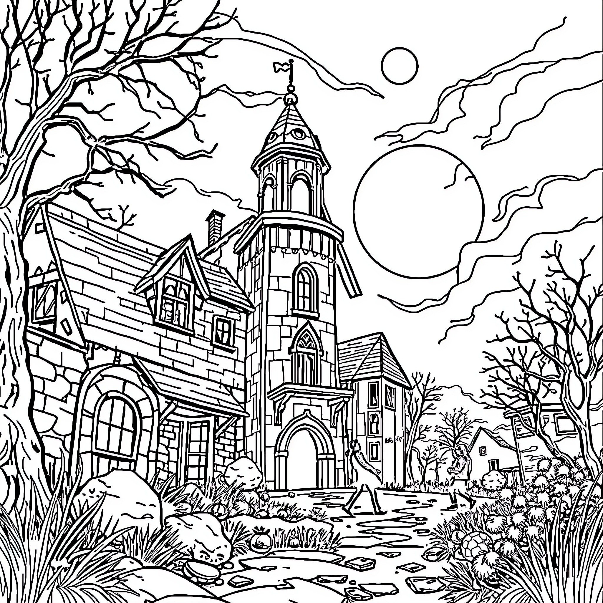 Zombie Village in the Haunting Moonlight Coloring Page (free black-and-white line drawing printable PDF for all, from beginners to advanced learners, including children, teens, adults, and seniors)