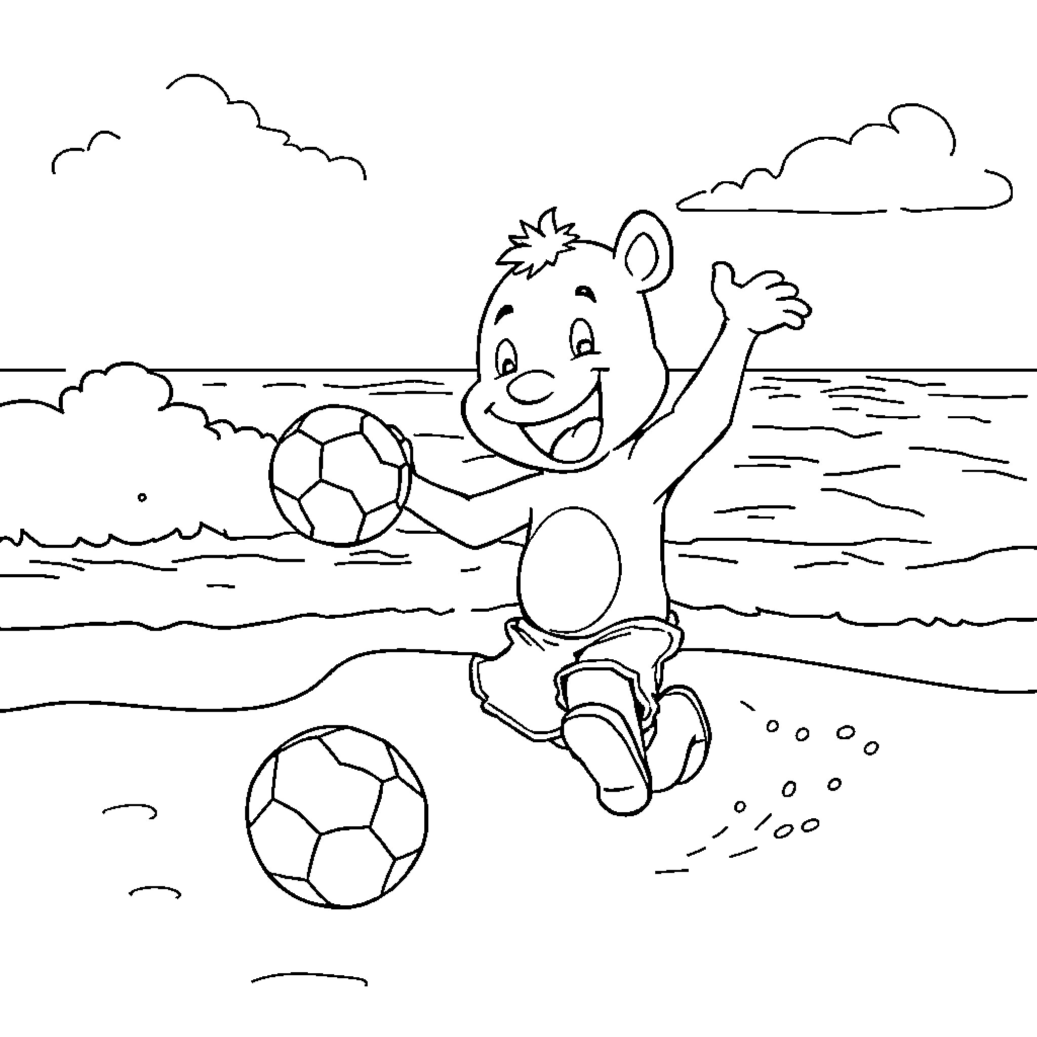 Bluey playing happily with soccer balls on the beach Coloring Page (free black-and-white line drawing printable PDF for all, from beginners to advanced learners, including children, teens, adults, and seniors)