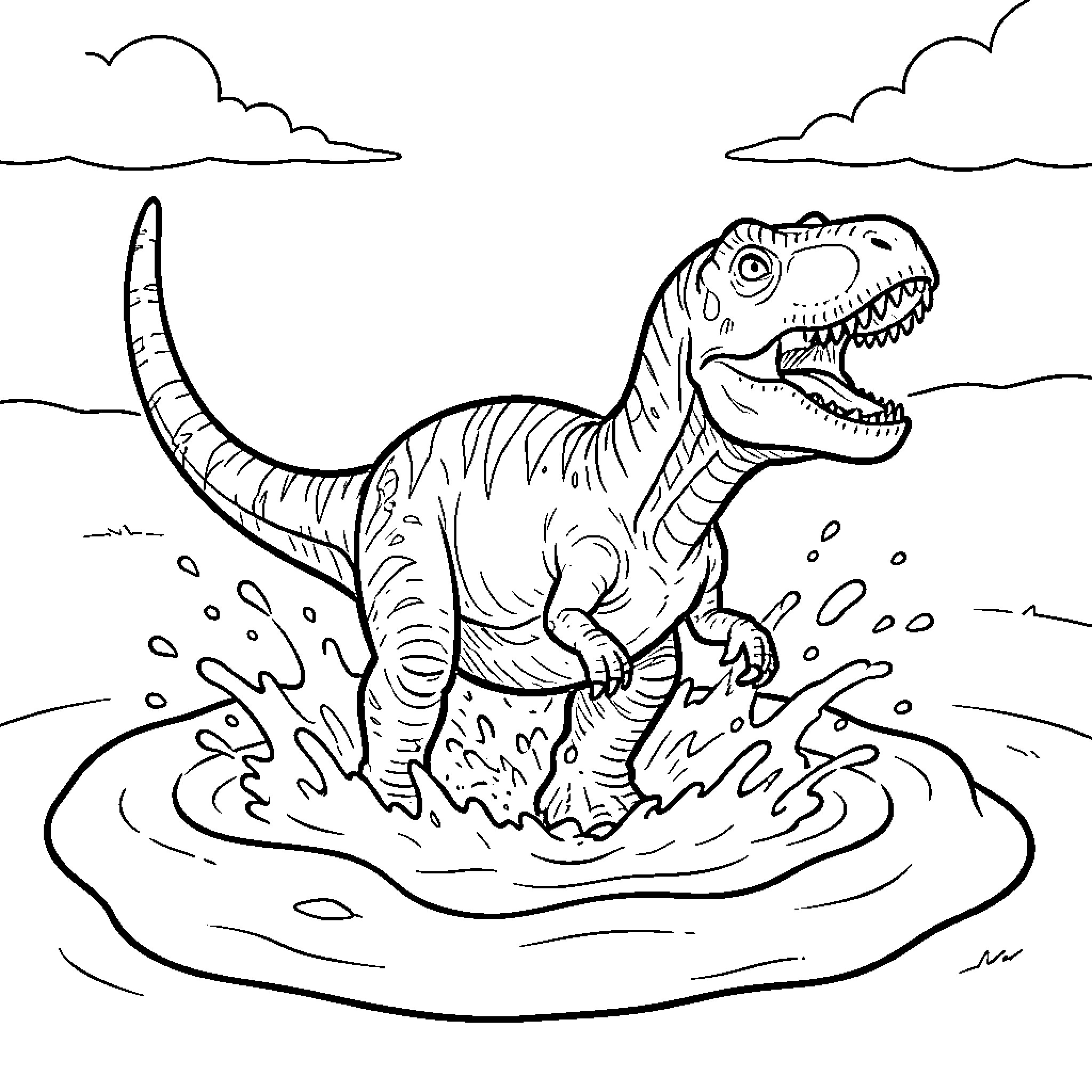 Dinosaur splashing through a large puddle Coloring Page (free black-and-white line drawing printable PDF for all, from beginners to advanced learners, including children, teens, adults, and seniors)