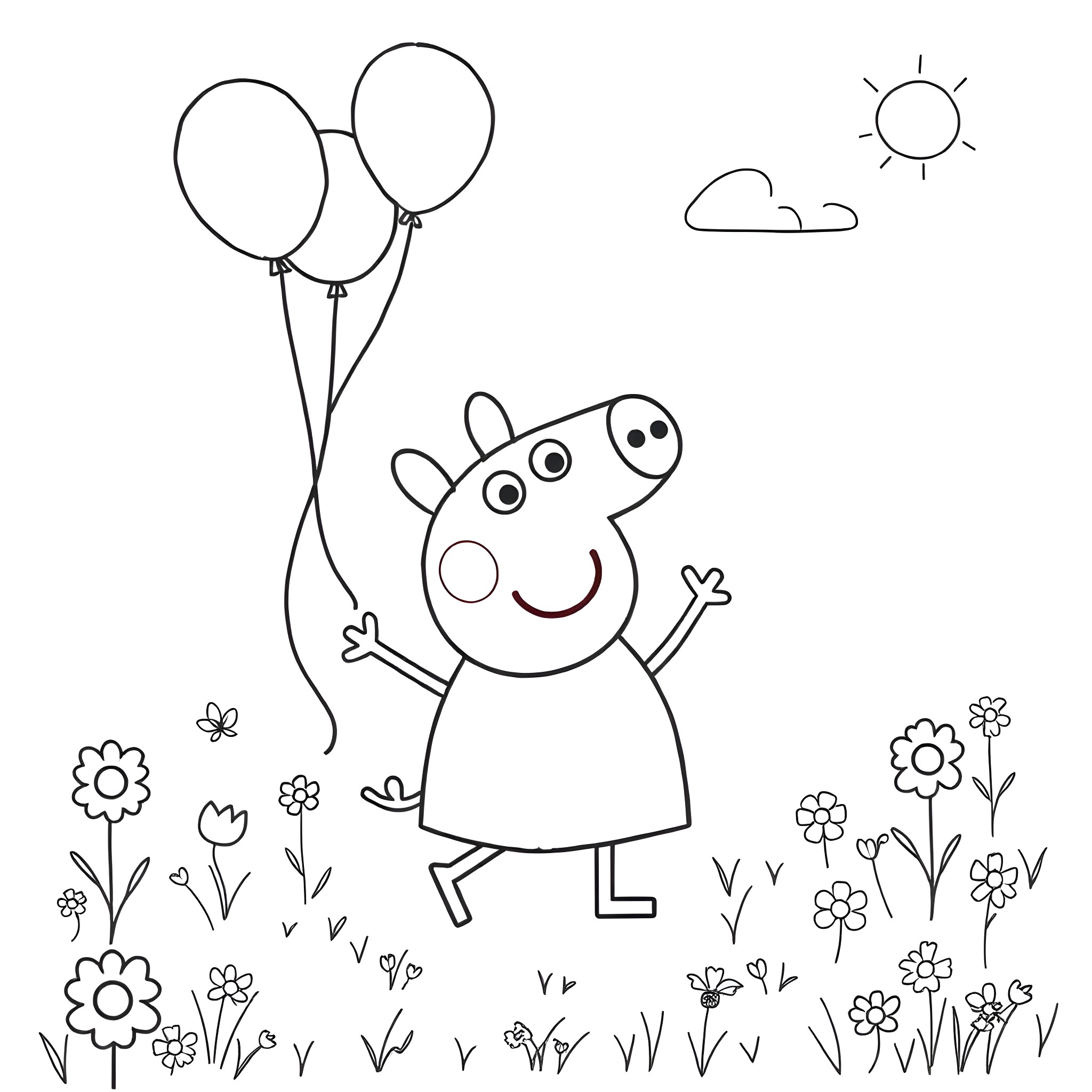 Peppa Pig playing with balloons in the meadow Coloring Page (free black-and-white line drawing printable PDF for all, from beginners to advanced learners, including children, teens, adults, and seniors)