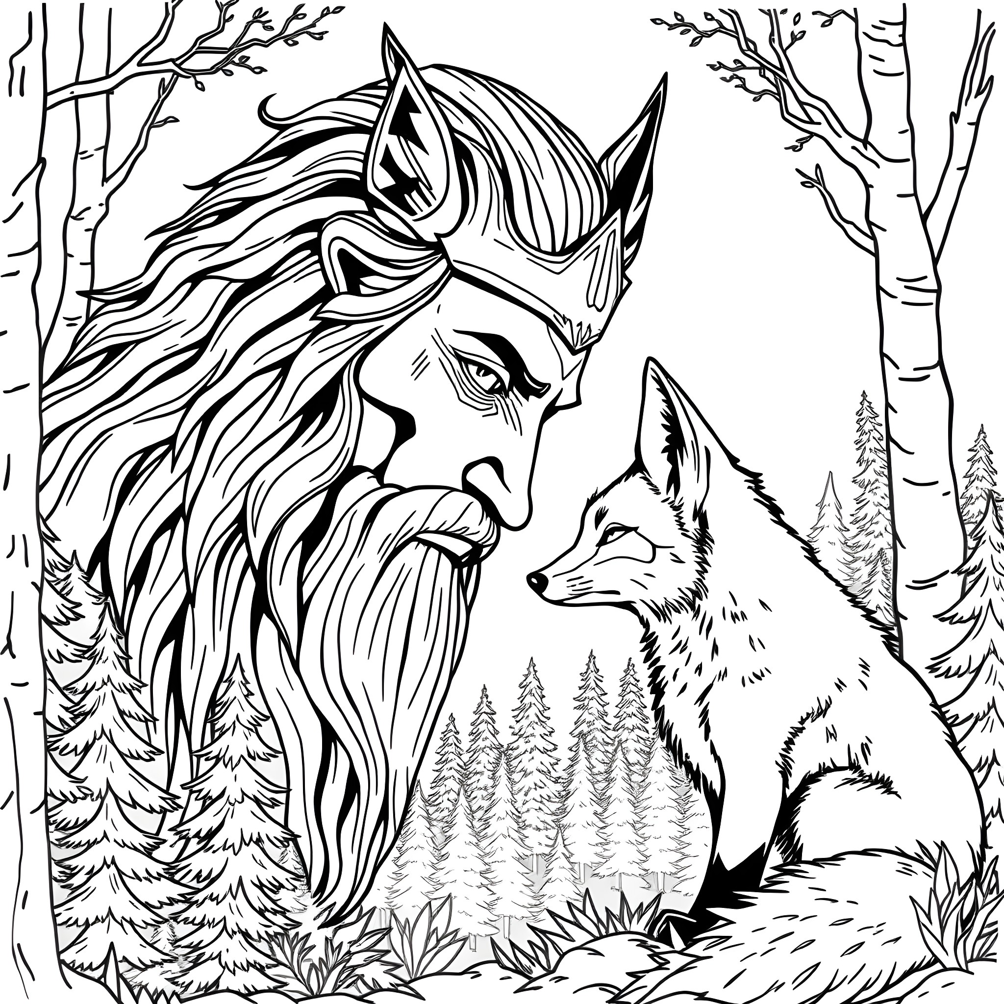 Spirit of the wilderness: A bearded figure and a fox in the forest Coloring Page (free black-and-white line drawing printable PDF for all, from beginners to advanced learners, including children, teens, adults, and seniors)