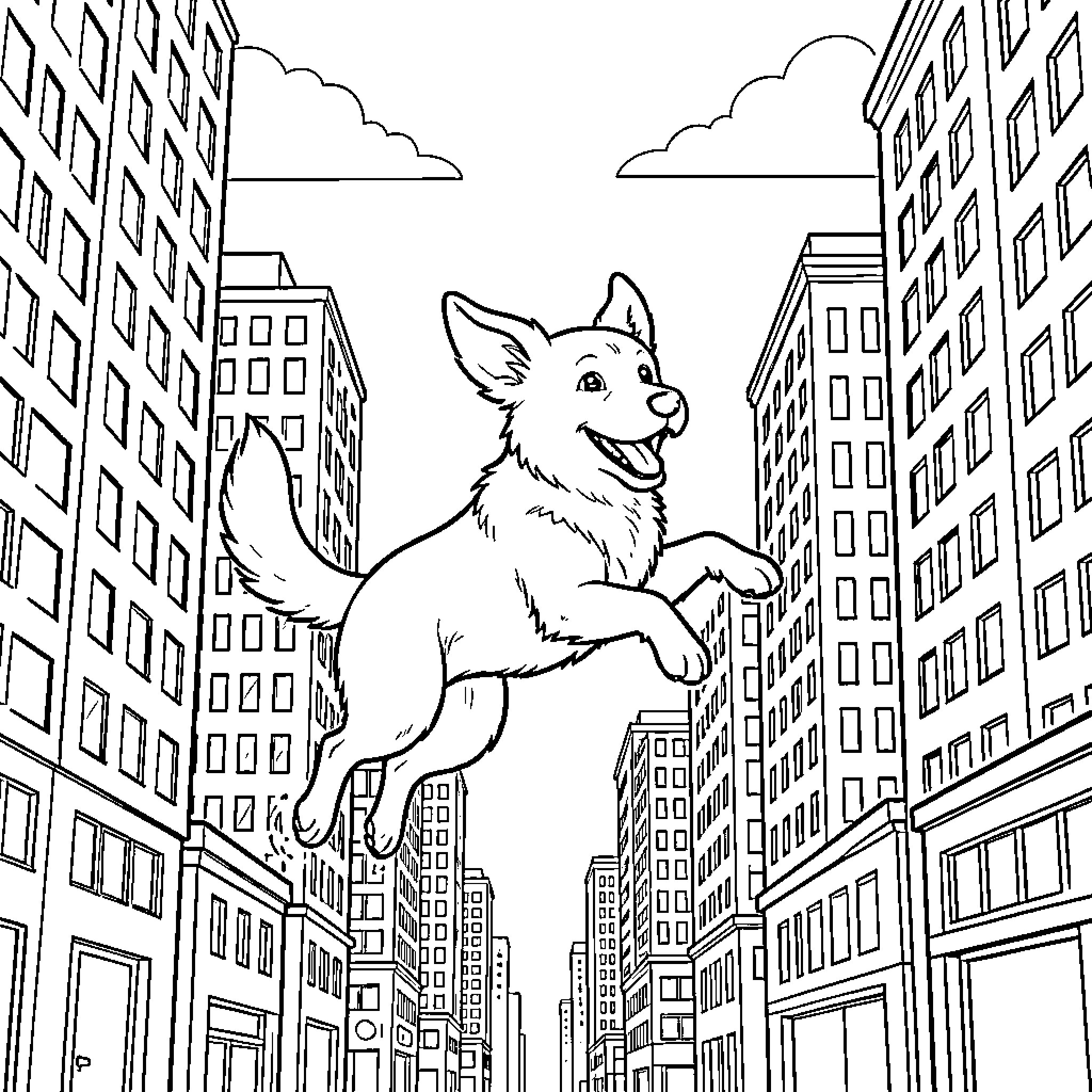 Perro jumping joyfully between city skyscrapers Coloring Page (free black-and-white line drawing printable PDF for all, from beginners to advanced learners, including children, teens, adults, and seniors)