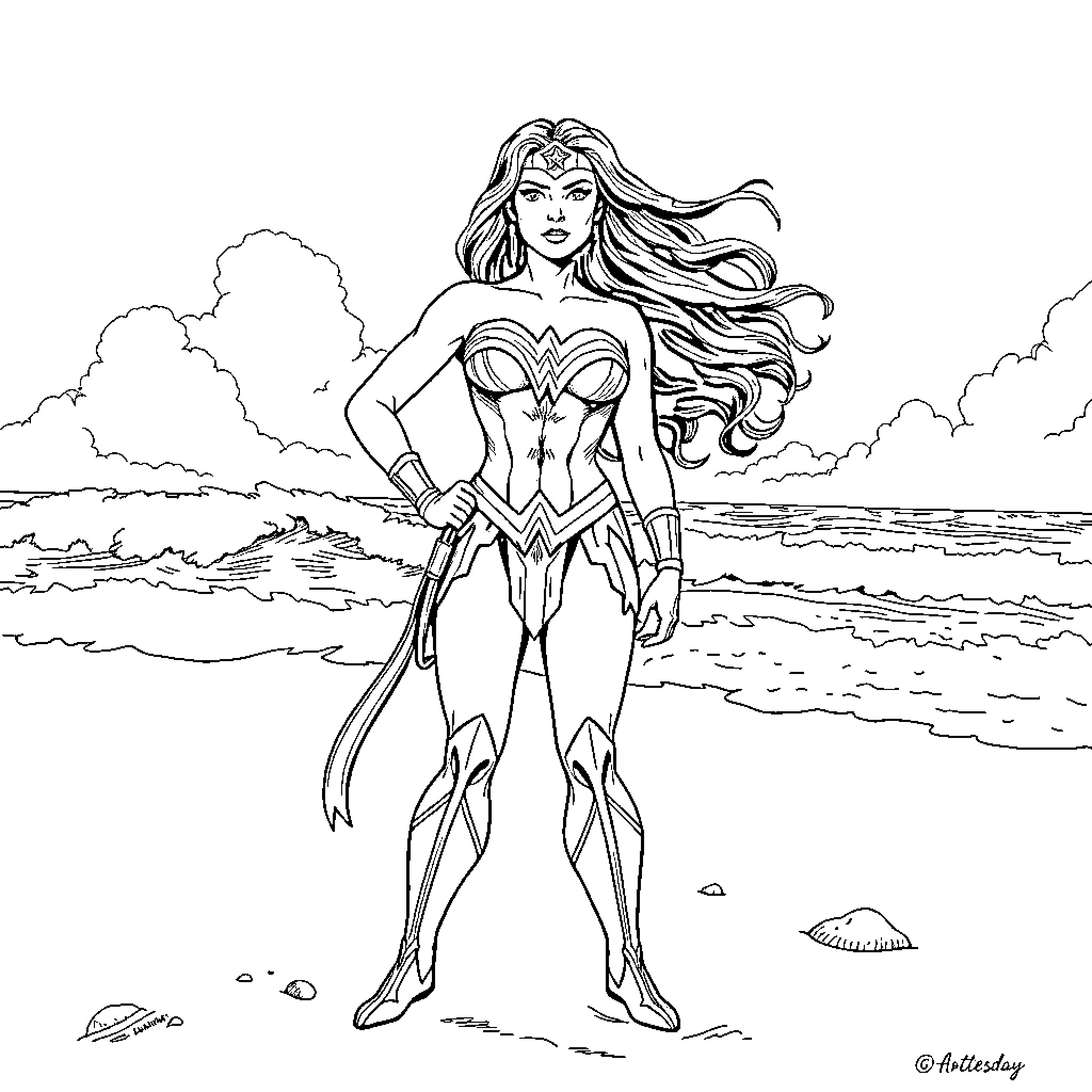 Wonder Woman's Heroic Pose on the Beach Coloring Page (free black-and-white line drawing printable PDF for all, from beginners to advanced learners, including children, teens, adults, and seniors)