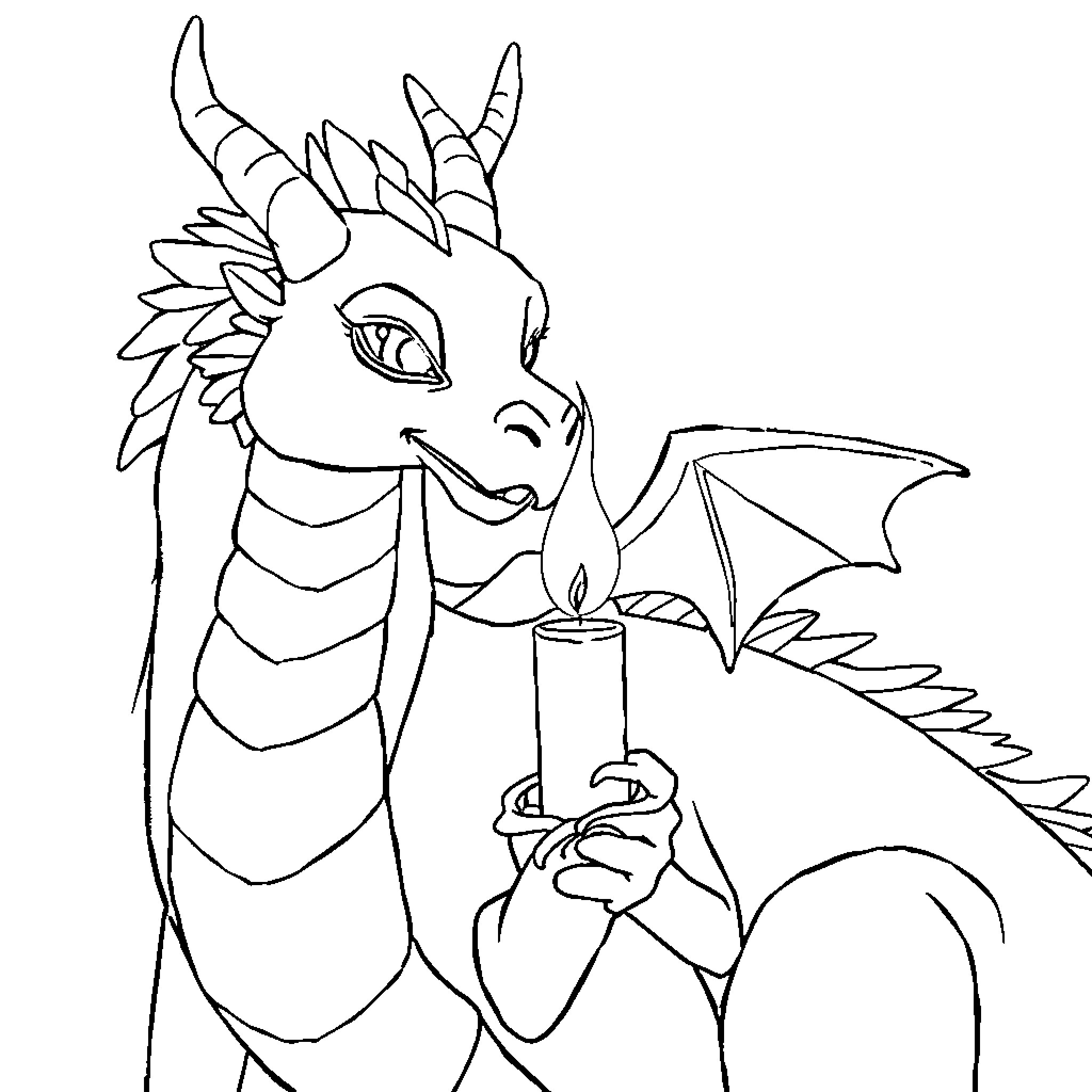 Dragon holding a candle in a thoughtful pose Coloring Page (free black-and-white line drawing printable PDF for all, from beginners to advanced learners, including children, teens, adults, and seniors)