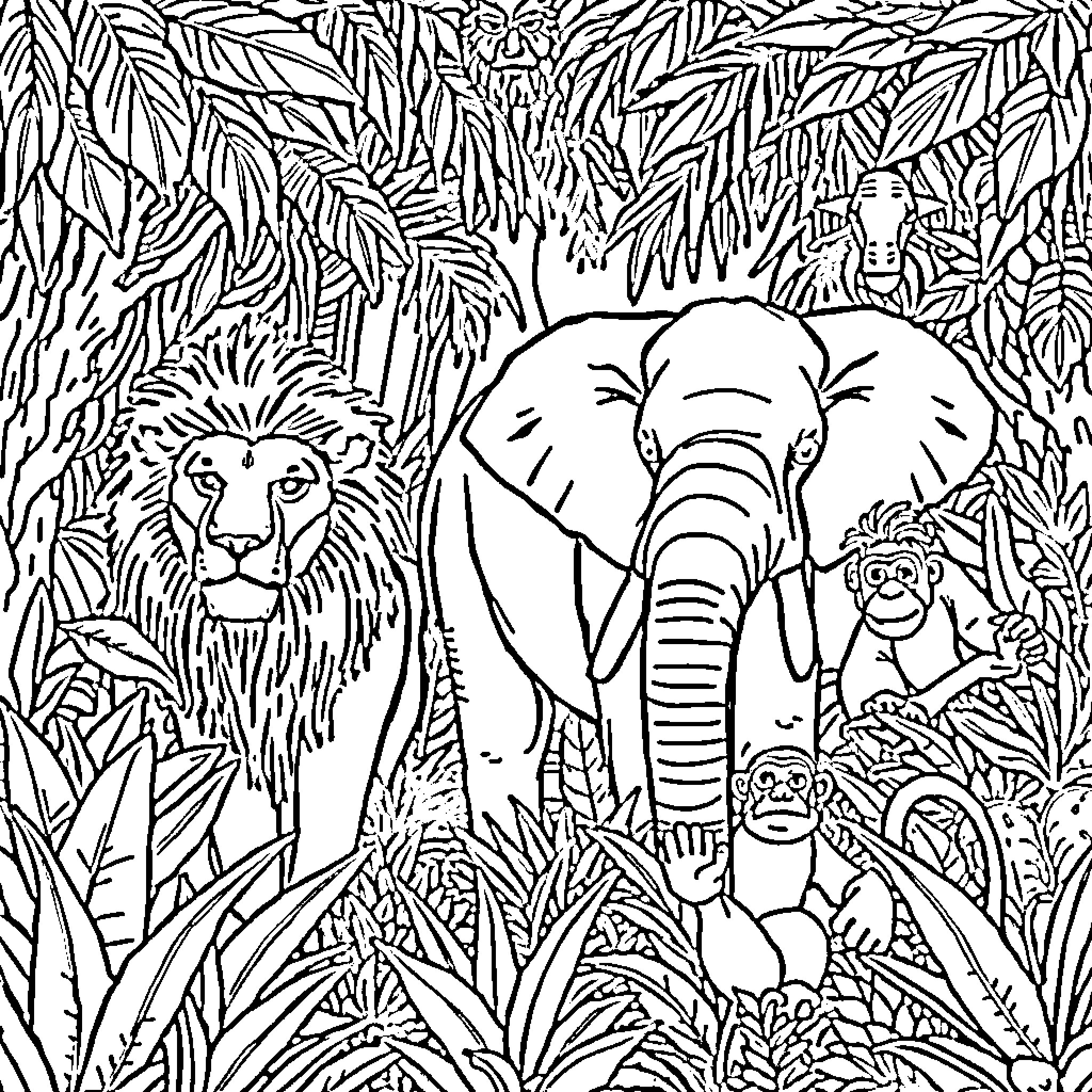 Wild Animal Scene in the Jungle Coloring Page (free black-and-white line drawing printable PDF for all, from beginners to advanced learners, including children, teens, adults, and seniors)