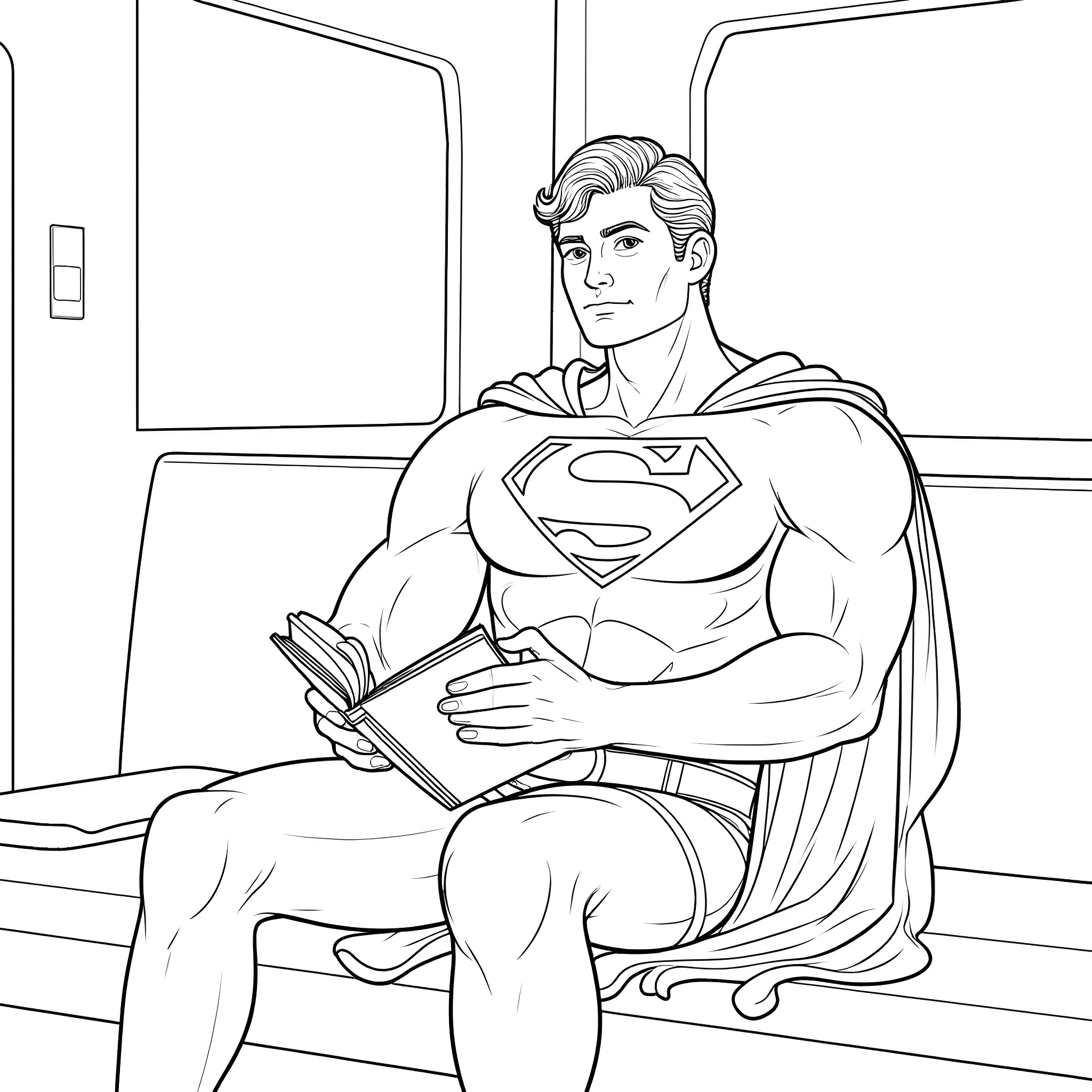 Superman reading a book in his secret hideout Coloring Page (free black-and-white line drawing printable PDF for all, from beginners to advanced learners, including children, teens, adults, and seniors)