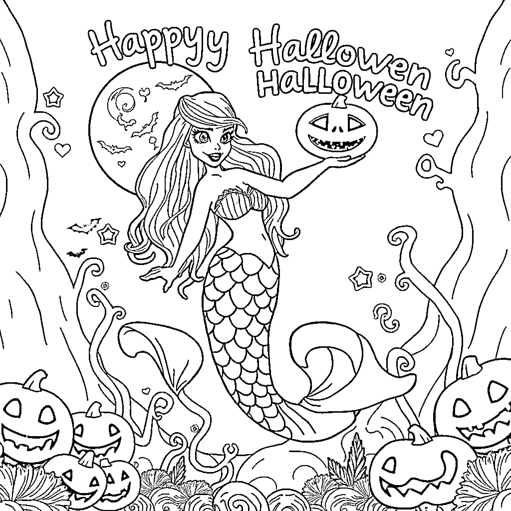 Mermaid celebrating Halloween with pumpkins Coloring Page (free black-and-white line drawing printable PDF for all, from beginners to advanced learners, including children, teens, adults, and seniors)