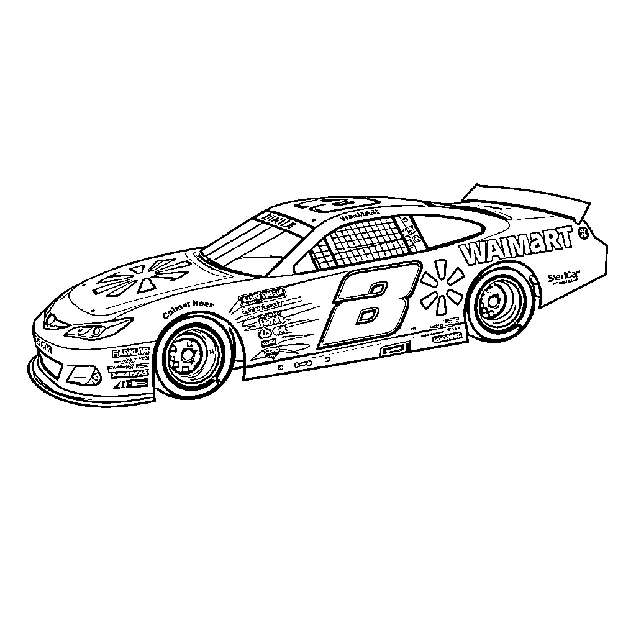 Nascar race car with sponsor logos and details Coloring Page (free black-and-white line drawing printable PDF for all, from beginners to advanced learners, including children, teens, adults, and seniors)