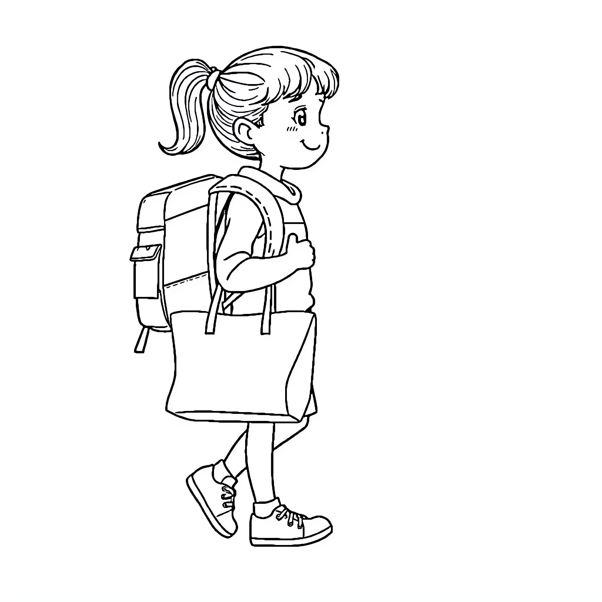 Schulmädchen going to school with backpack Coloring Page (free black-and-white line drawing printable PDF for all, from beginners to advanced learners, including children, teens, adults, and seniors)