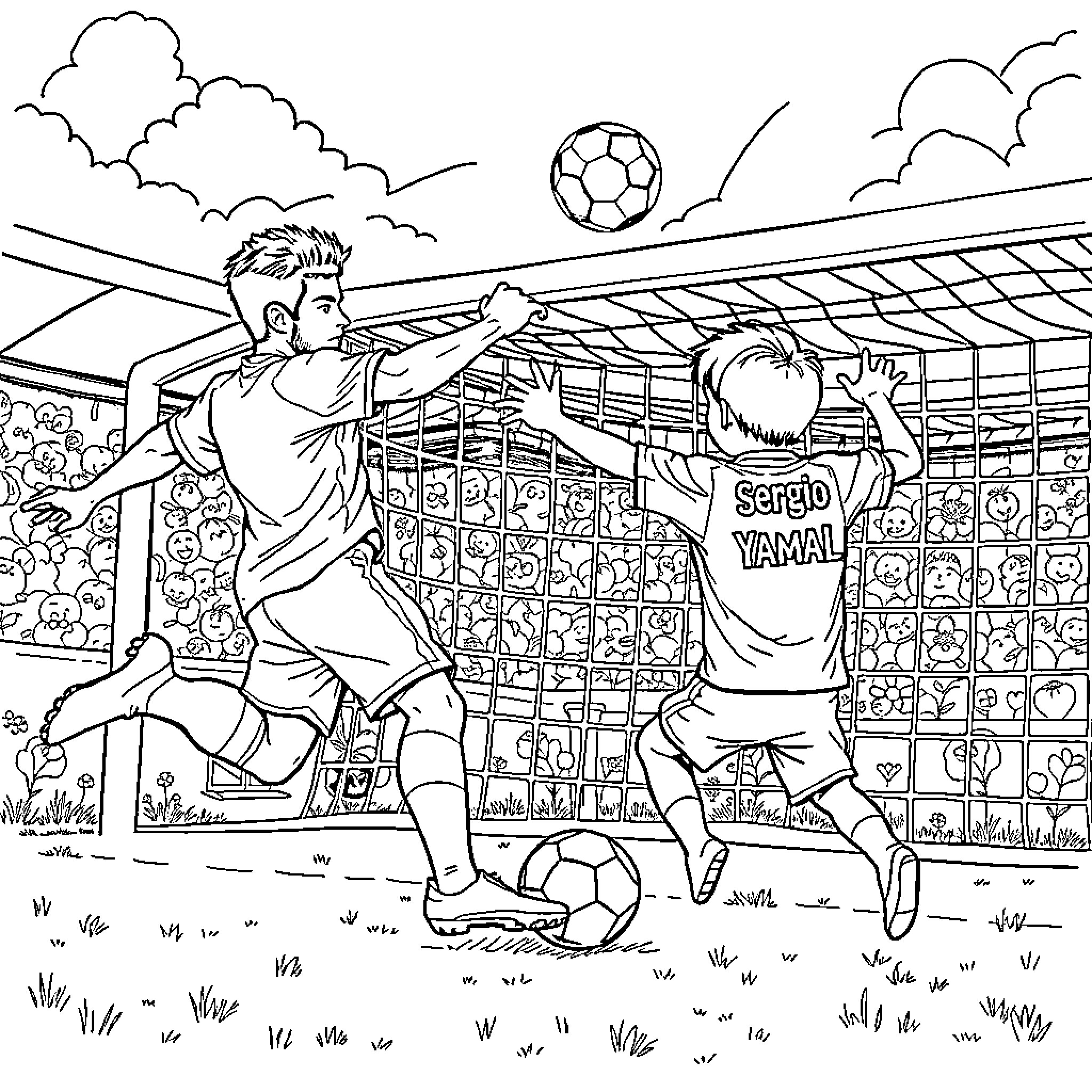 Lamine Yamal playing soccer on the field Coloring Page (free black-and-white line drawing printable PDF for all, from beginners to advanced learners, including children, teens, adults, and seniors)