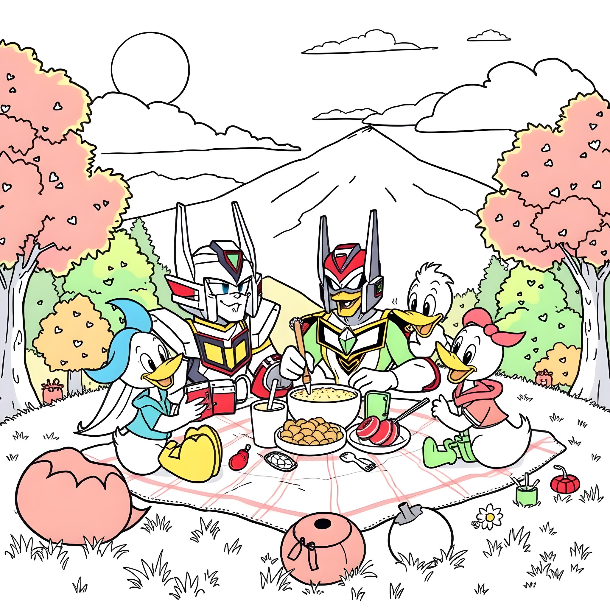 Voltron characters enjoying a picnic in nature Coloring Page (free black-and-white line drawing printable PDF for all, from beginners to advanced learners, including children, teens, adults, and seniors)