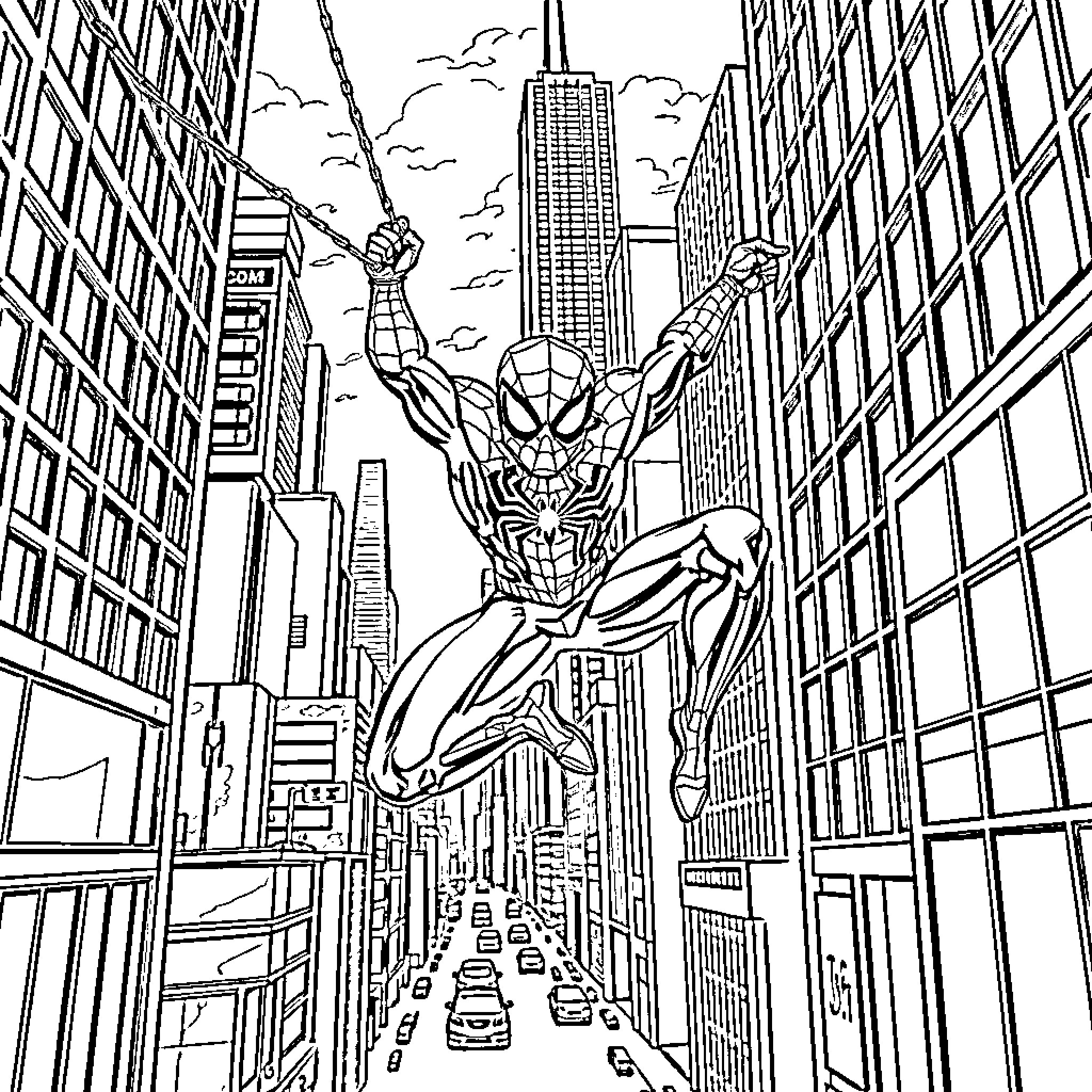 Spider-Man swinging through the city streets Coloring Page (free black-and-white line drawing printable PDF for all, from beginners to advanced learners, including children, teens, adults, and seniors)