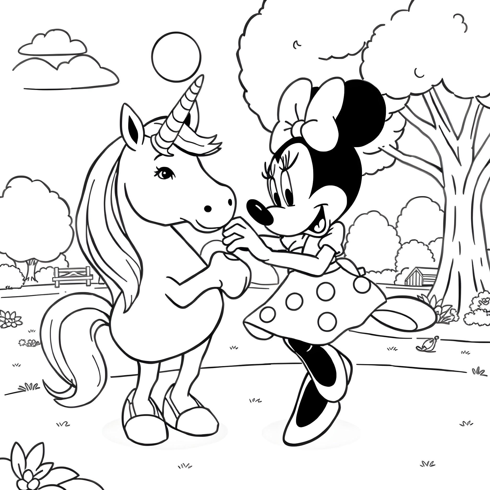Unicorn and Minnie Mouse sharing a magical moment in nature Coloring Page (free black-and-white line drawing printable PDF for all, from beginners to advanced learners, including children, teens, adults, and seniors)