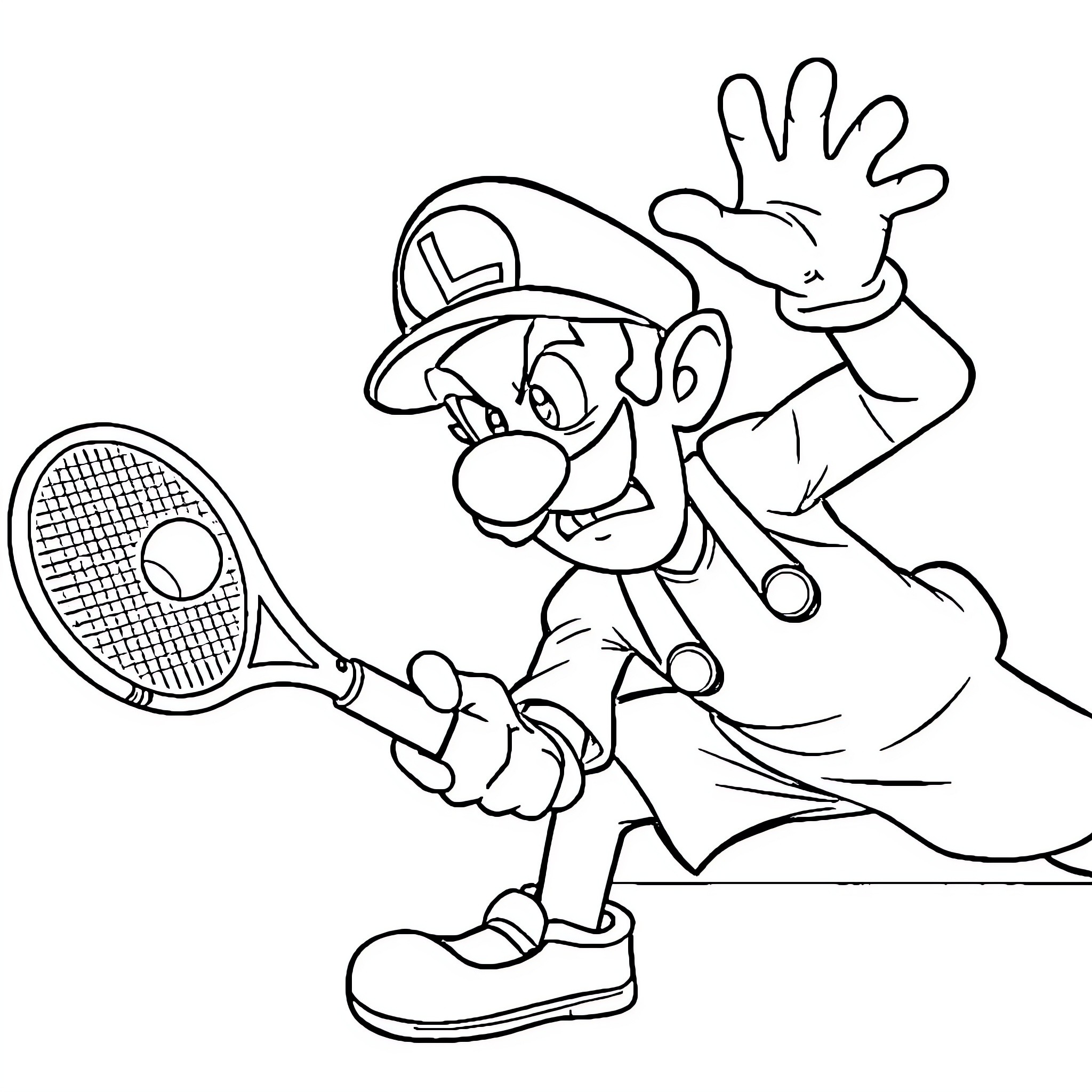Waluigi playing tennis with enthusiasm Coloring Page (free black-and-white line drawing printable PDF for all, from beginners to advanced learners, including children, teens, adults, and seniors)