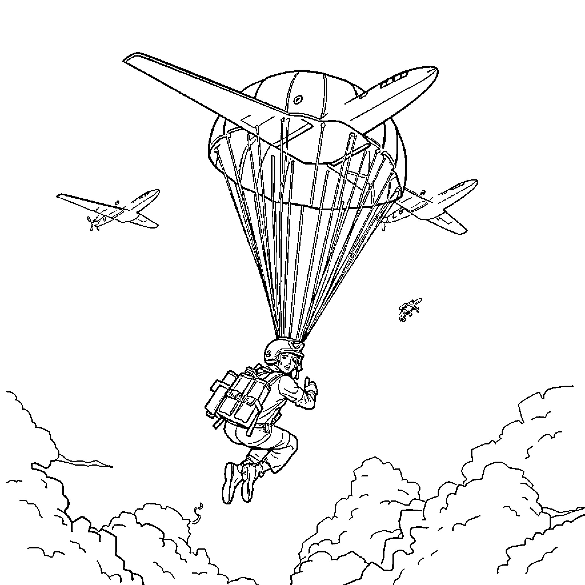 Army Soldiers Parachuting from Aircraft in the Clouds Coloring Page (free black-and-white line drawing printable PDF for all, from beginners to advanced learners, including children, teens, adults, and seniors)