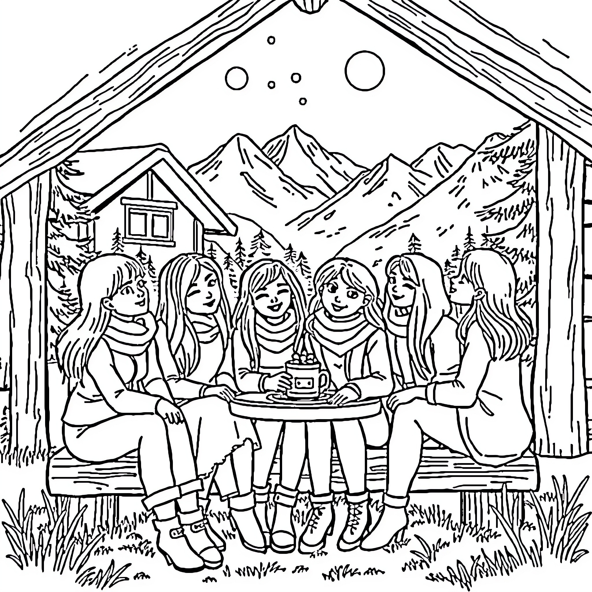 Friends enjoying a cozy gathering outdoors Coloring Page (free black-and-white line drawing printable PDF for all, from beginners to advanced learners, including children, teens, adults, and seniors)