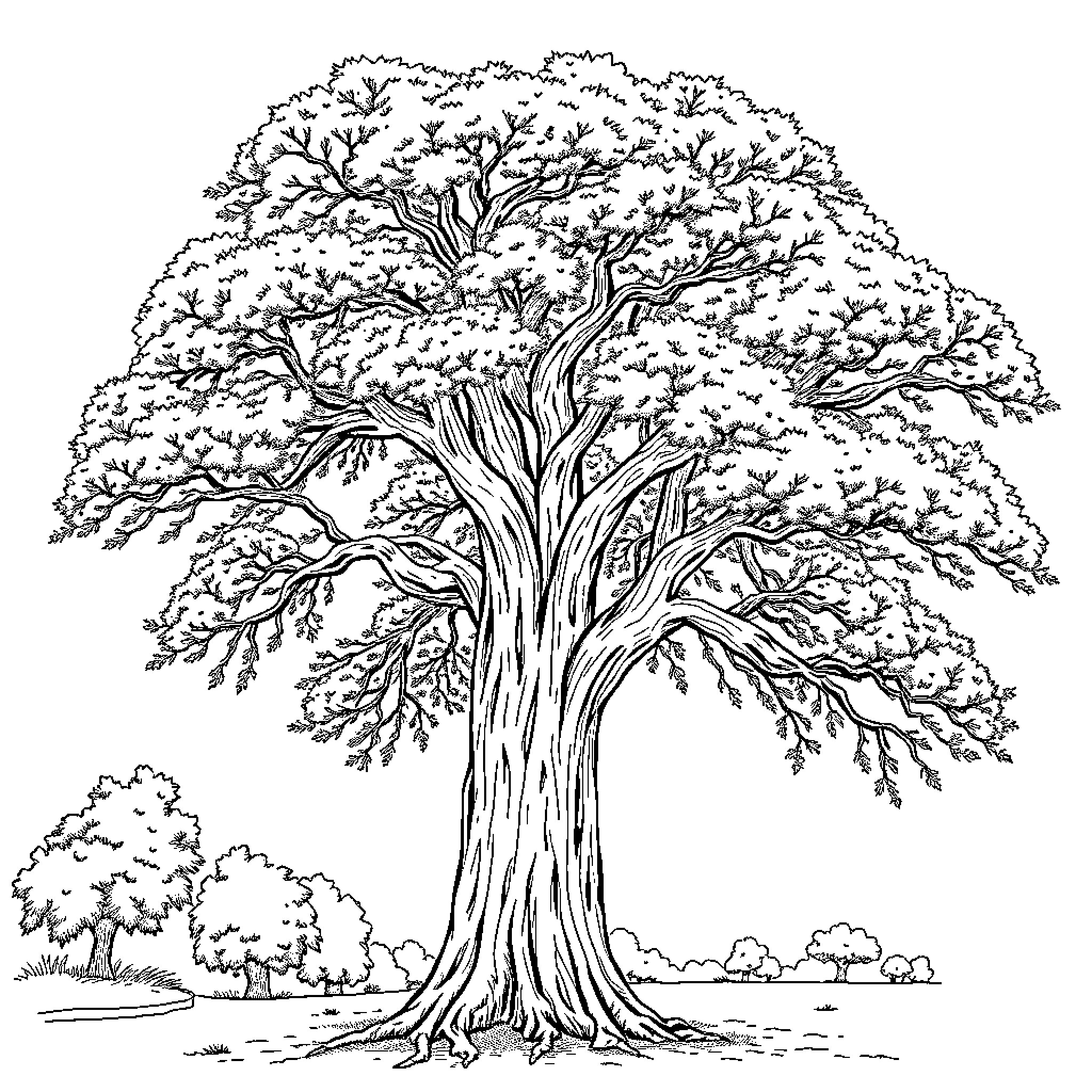 Tree in Detailed Monochrome Illustration Coloring Page (free black-and-white line drawing printable PDF for all, from beginners to advanced learners, including children, teens, adults, and seniors)