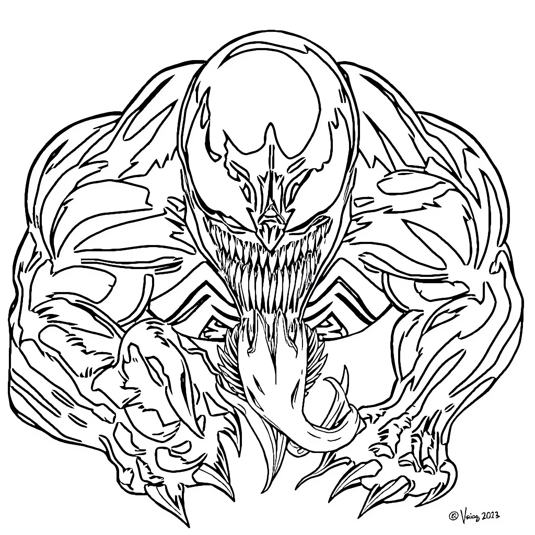 Venom Symbiote's Menacing Appearance Coloring Page (free black-and-white line drawing printable PDF for all, from beginners to advanced learners, including children, teens, adults, and seniors)