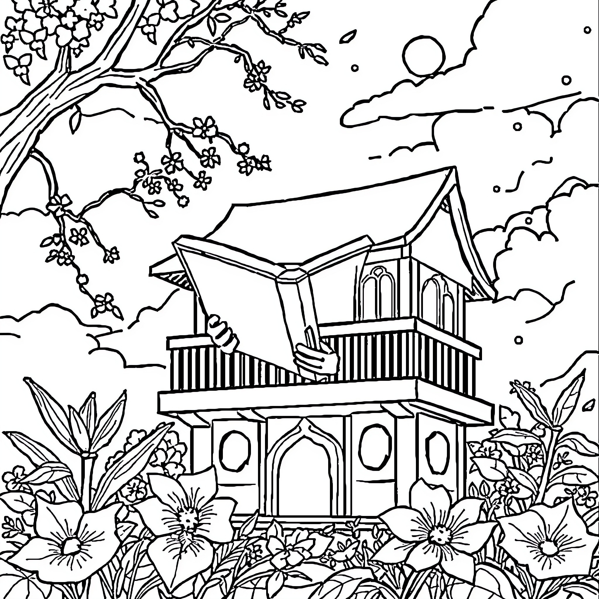 Reading a book in a peaceful garden Coloring Page (free black-and-white line drawing printable PDF for all, from beginners to advanced learners, including children, teens, adults, and seniors)