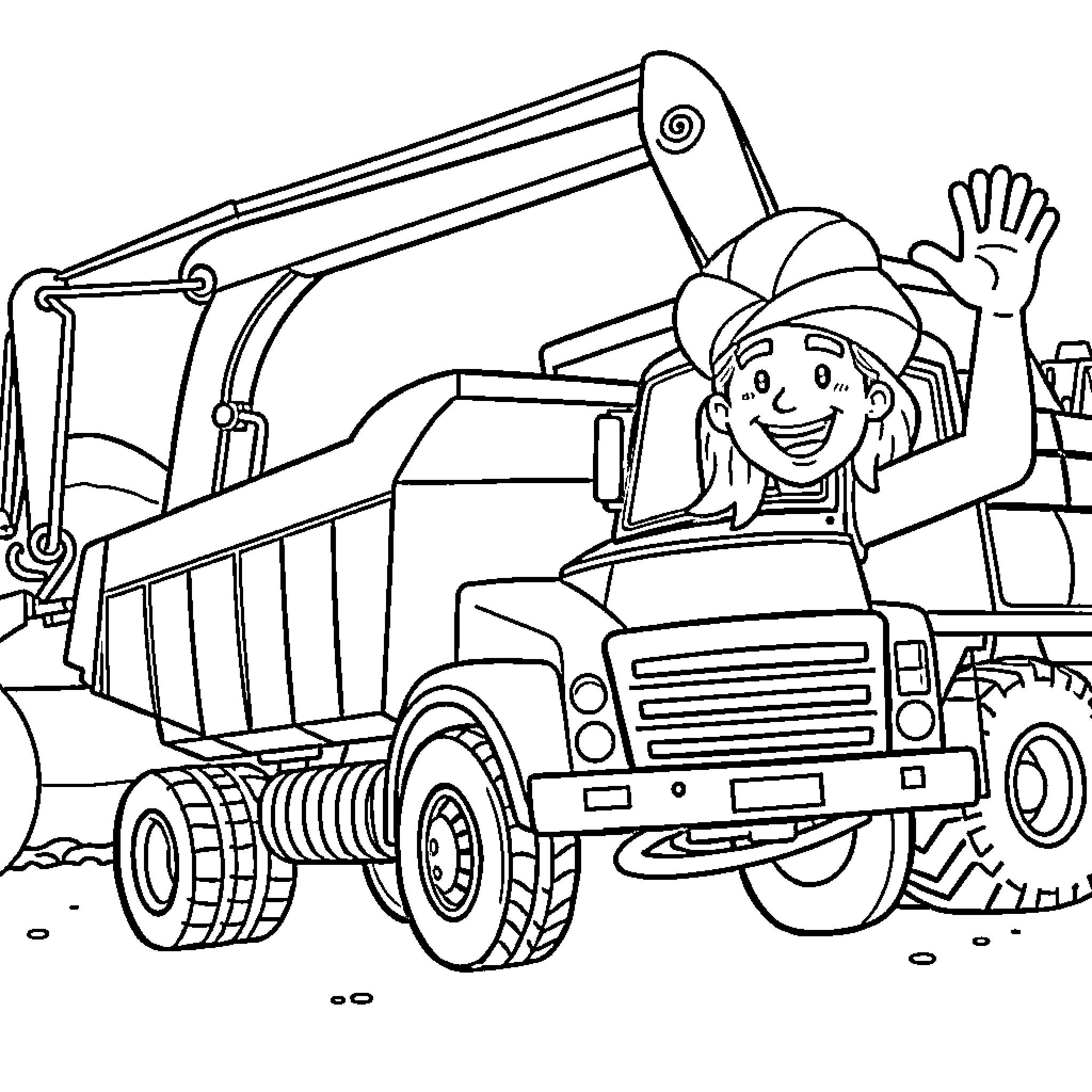 Dump Truck Carrying Happy Worker Coloring Page (free black-and-white line drawing printable PDF for all, from beginners to advanced learners, including children, teens, adults, and seniors)