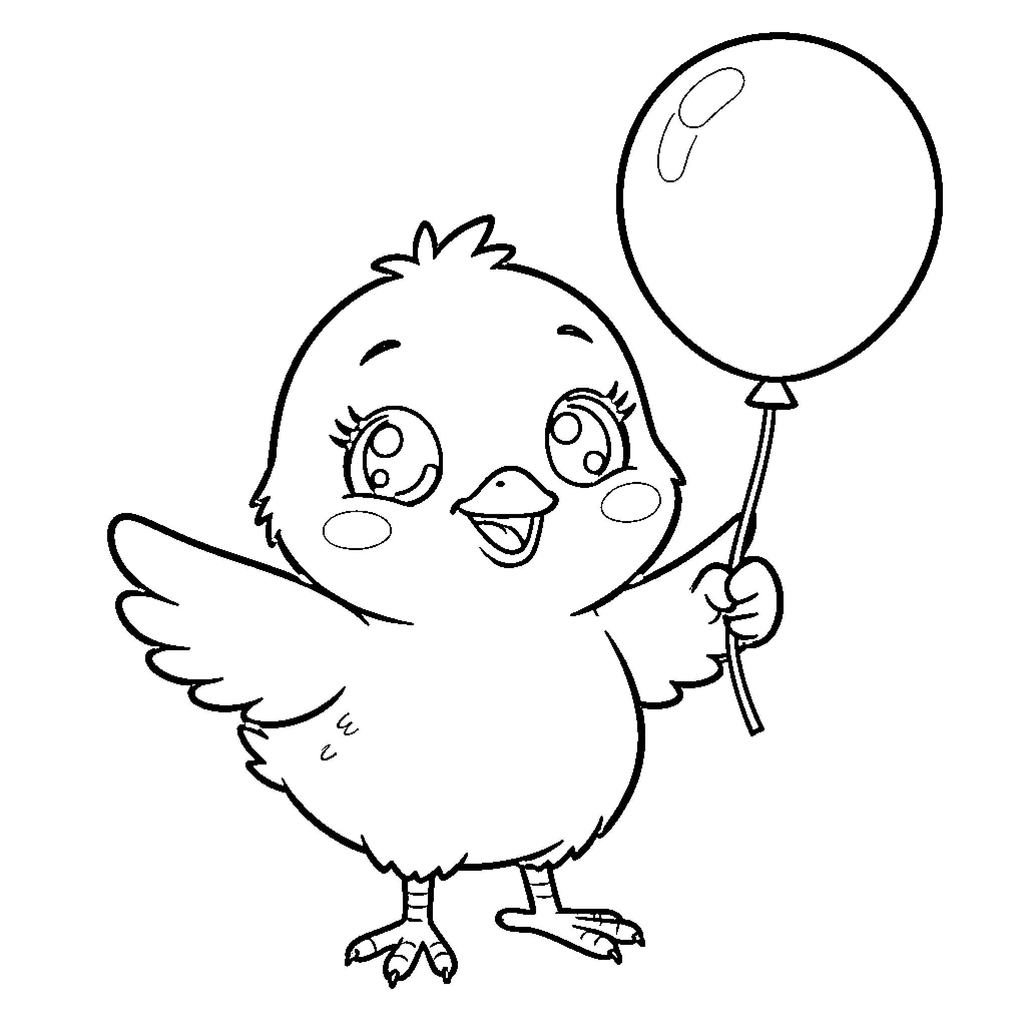 Chick playing happily with balloon Coloring Page (free black-and-white line drawing printable PDF for all, from beginners to advanced learners, including children, teens, adults, and seniors)
