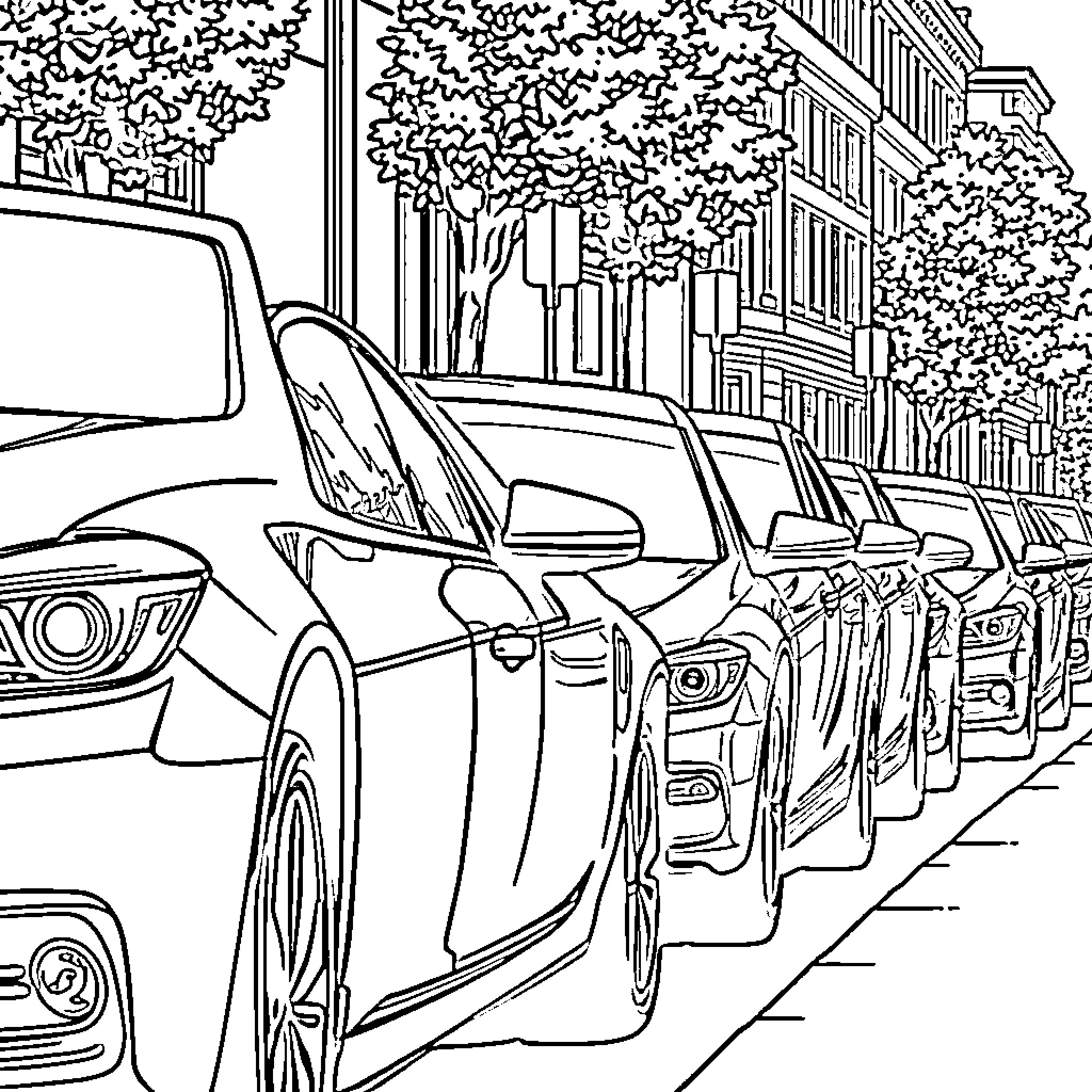 Cars parked on a tree-lined street Coloring Page (free black-and-white line drawing printable PDF for all, from beginners to advanced learners, including children, teens, adults, and seniors)