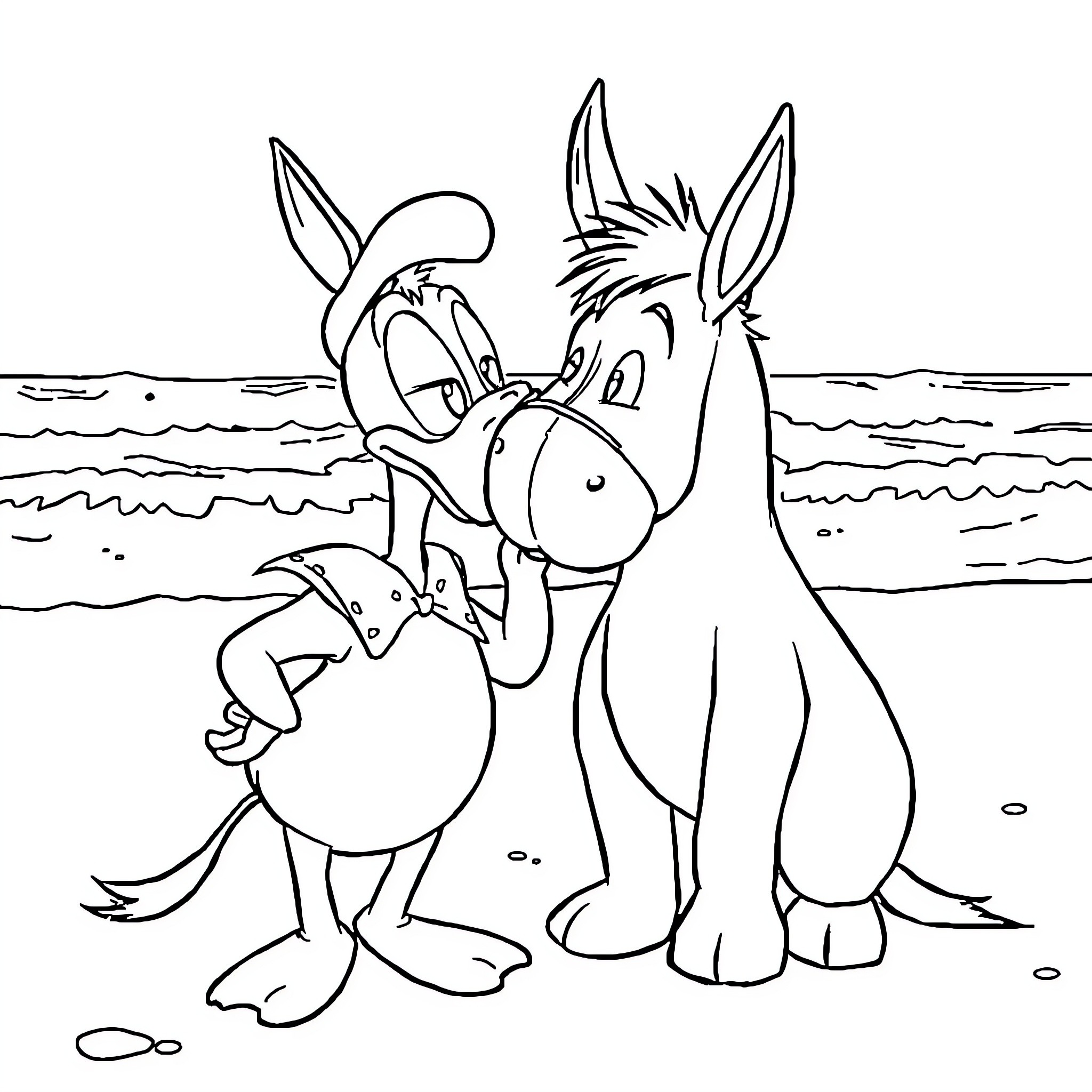 Eeyore and his Donkey Friend at the Beach Coloring Page (free black-and-white line drawing printable PDF for all, from beginners to advanced learners, including children, teens, adults, and seniors)