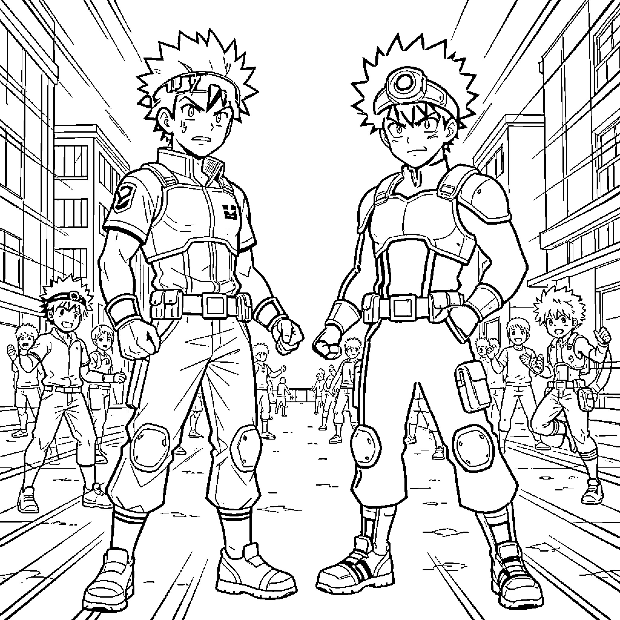 Shigaraki and companion standing heroically in a city street Coloring Page (free black-and-white line drawing printable PDF for all, from beginners to advanced learners, including children, teens, adults, and seniors)