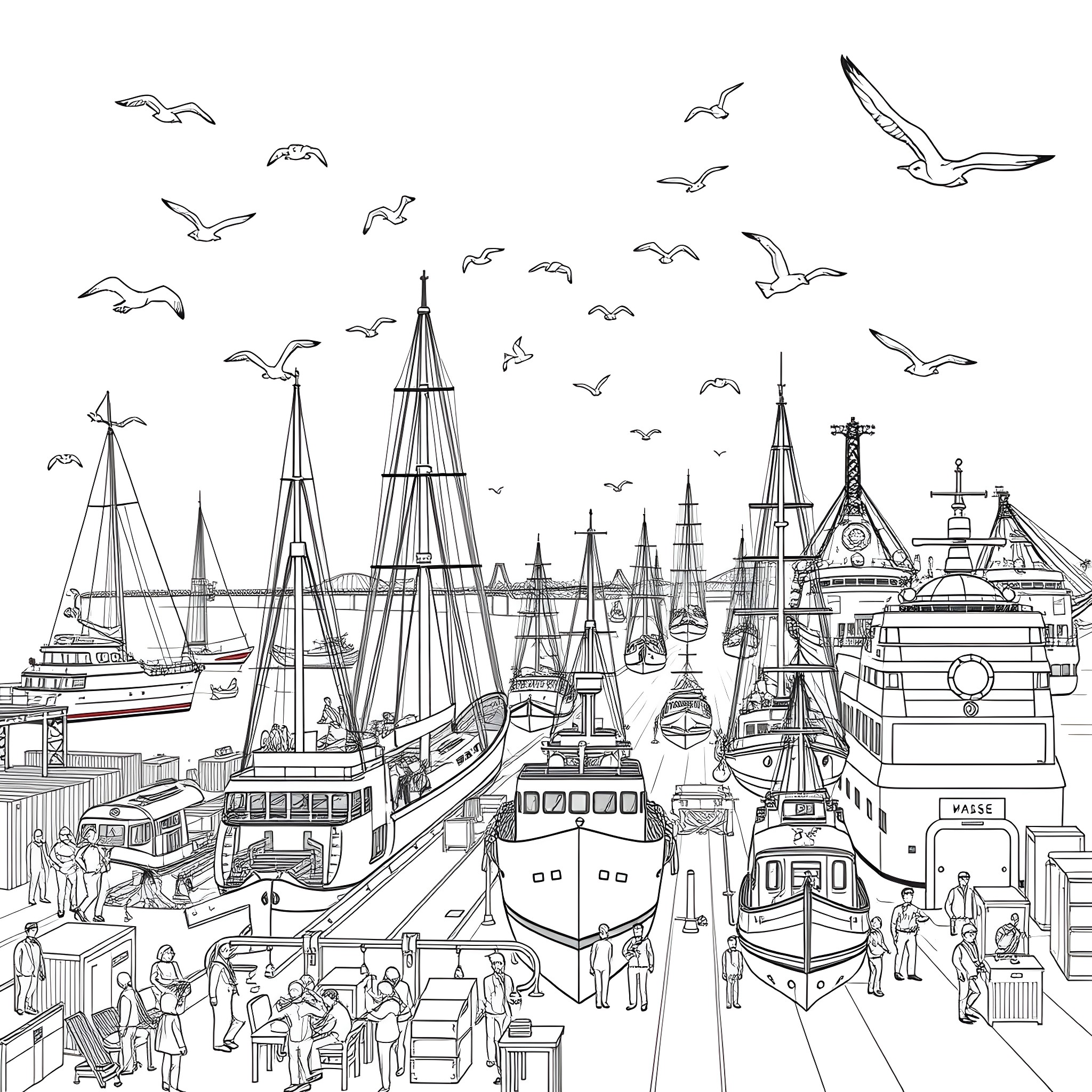 Ship docked at a bustling harbor with seagulls overhead Coloring Page (free black-and-white line drawing printable PDF for all, from beginners to advanced learners, including children, teens, adults, and seniors)