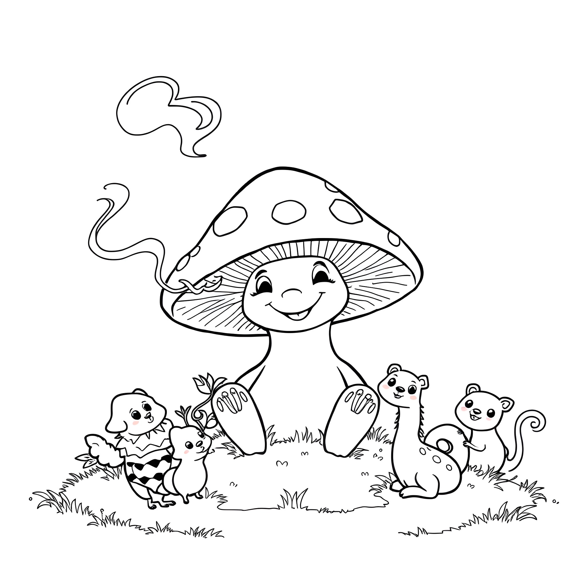 Mushroom friends surrounded by playful animals Coloring Page (free black-and-white line drawing printable PDF for all, from beginners to advanced learners, including children, teens, adults, and seniors)