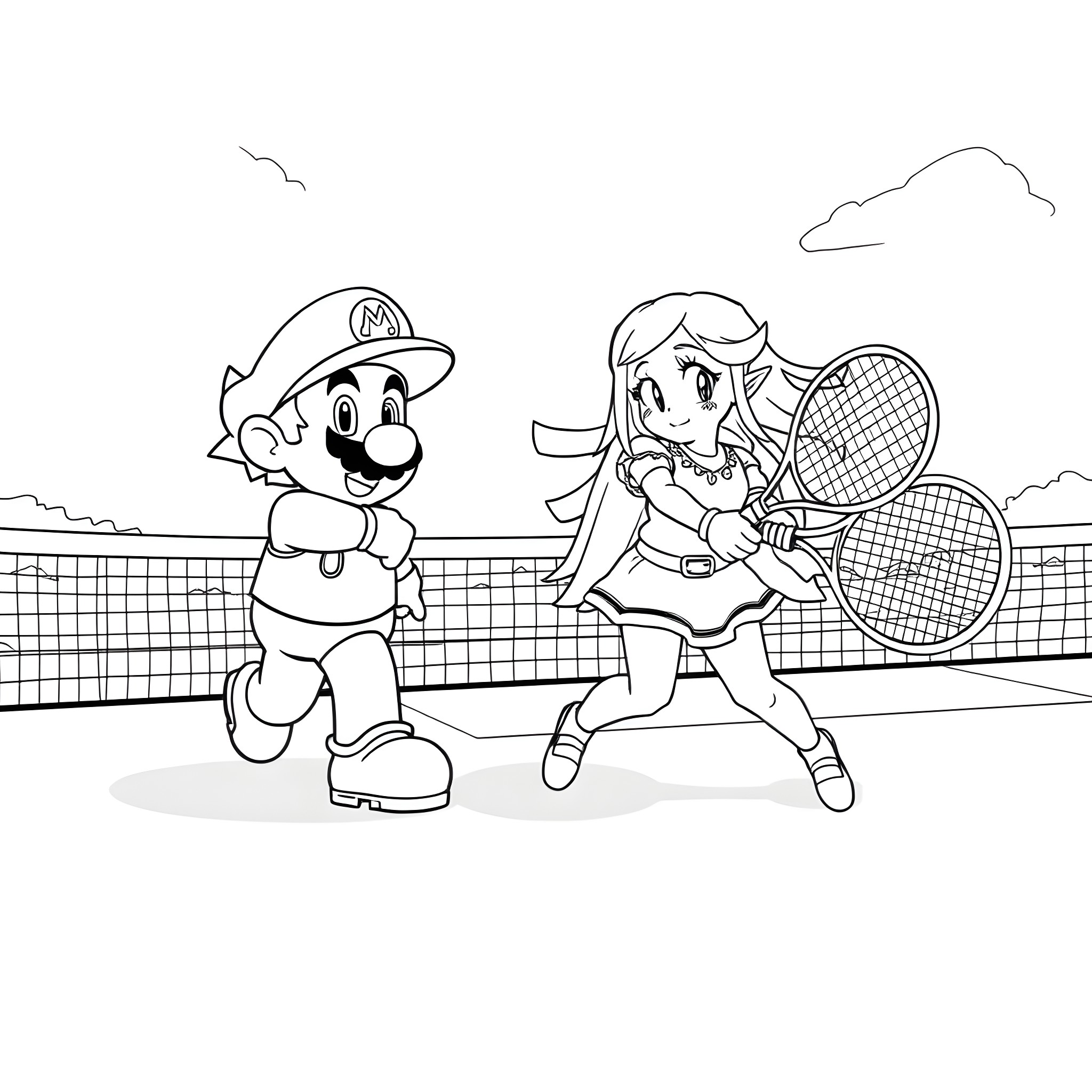 Mario playing tennis with a young woman Coloring Page (free black-and-white line drawing printable PDF for all, from beginners to advanced learners, including children, teens, adults, and seniors)