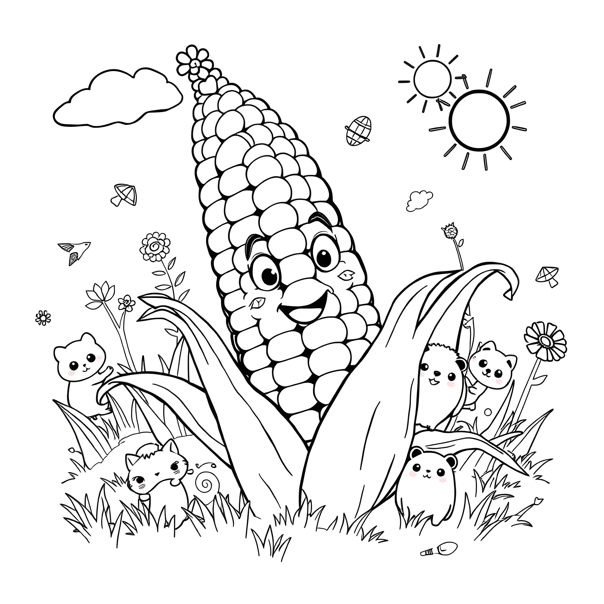 Corn kernels playing in the sunny meadow Coloring Page (free black-and-white line drawing printable PDF for all, from beginners to advanced learners, including children, teens, adults, and seniors)