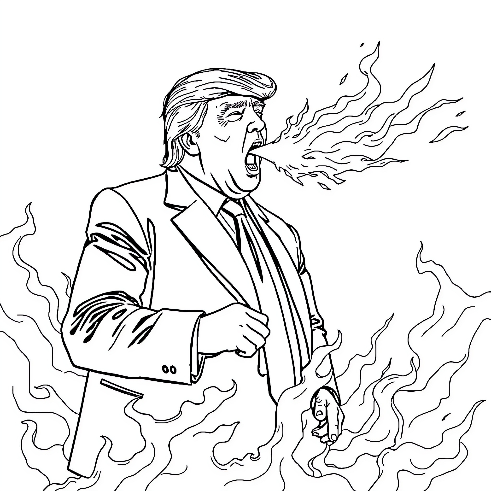 Donald Trump Angrily Shouting Amidst Chaos Coloring Page (free black-and-white line drawing printable PDF for all, from beginners to advanced learners, including children, teens, adults, and seniors)