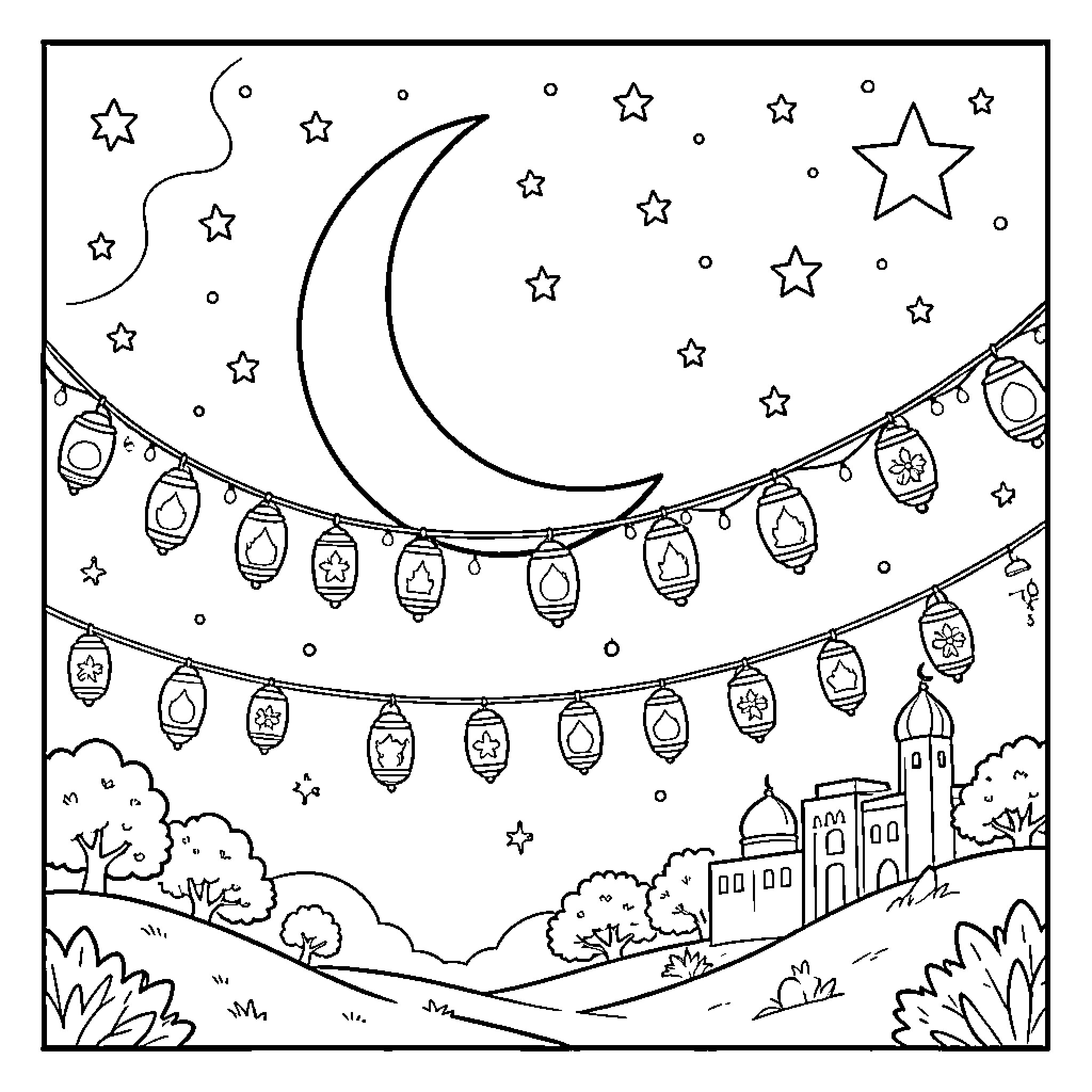 Luna's Festive Night with Lanterns and Stars Coloring Page (free black-and-white line drawing printable PDF for all, from beginners to advanced learners, including children, teens, adults, and seniors)