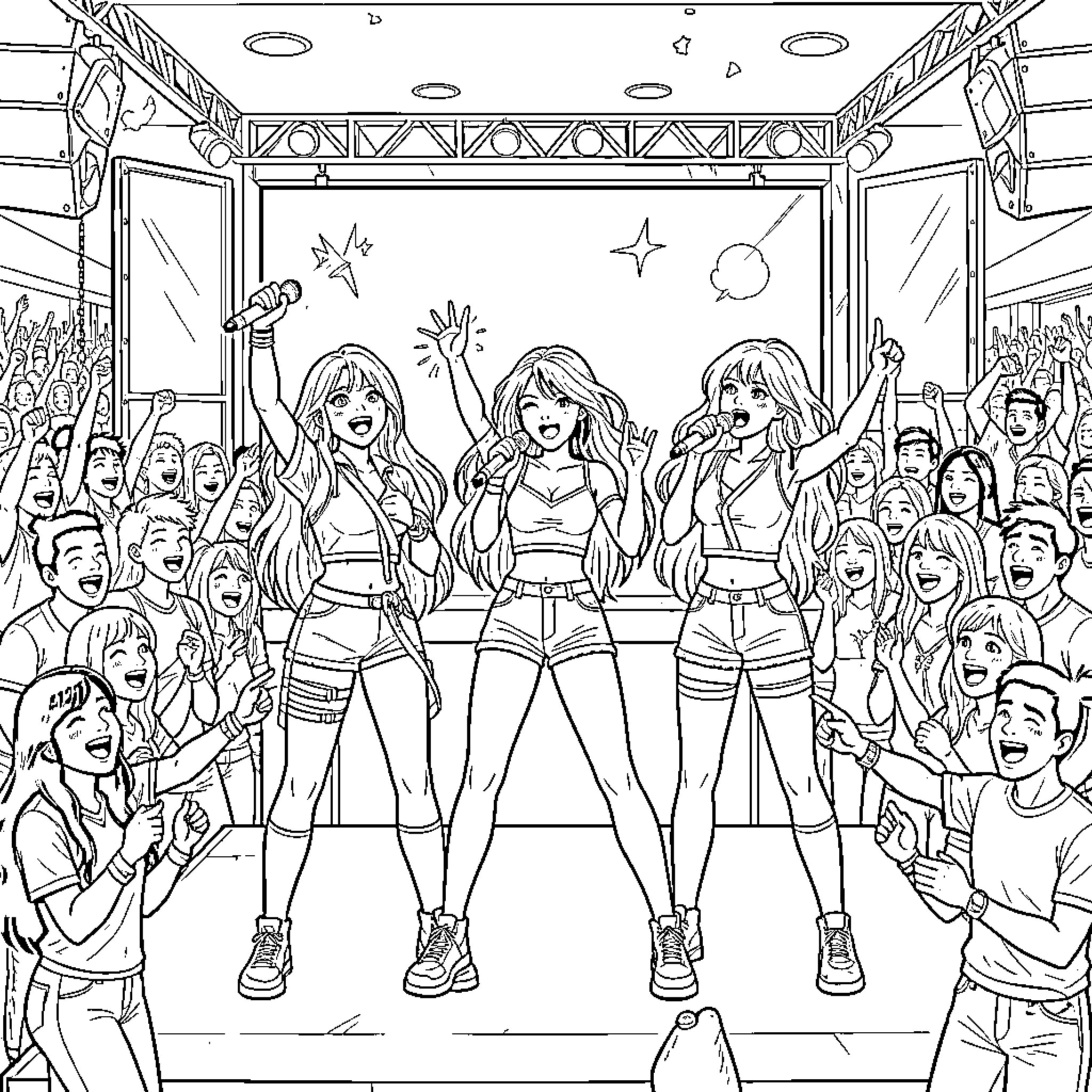 K Pop Warrior girls performing energetically on stage Coloring Page (free black-and-white line drawing printable PDF for all, from beginners to advanced learners, including children, teens, adults, and seniors)