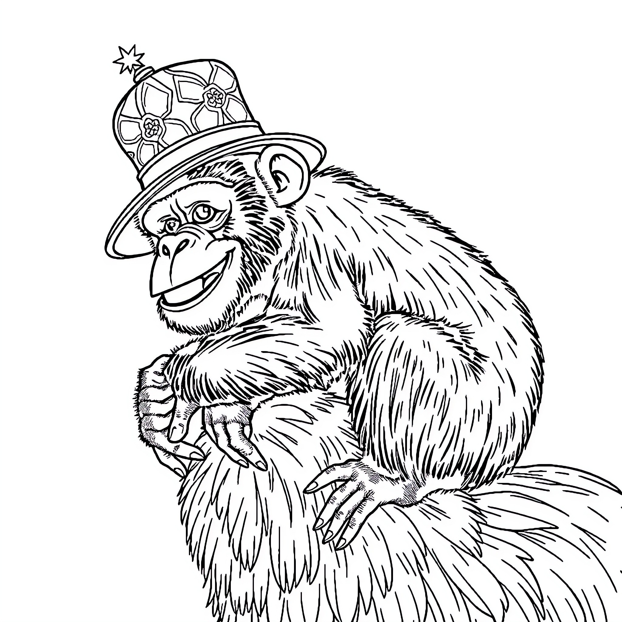 Chimpanzee wearing a fancy hat and contemplating Coloring Page (free black-and-white line drawing printable PDF for all, from beginners to advanced learners, including children, teens, adults, and seniors)