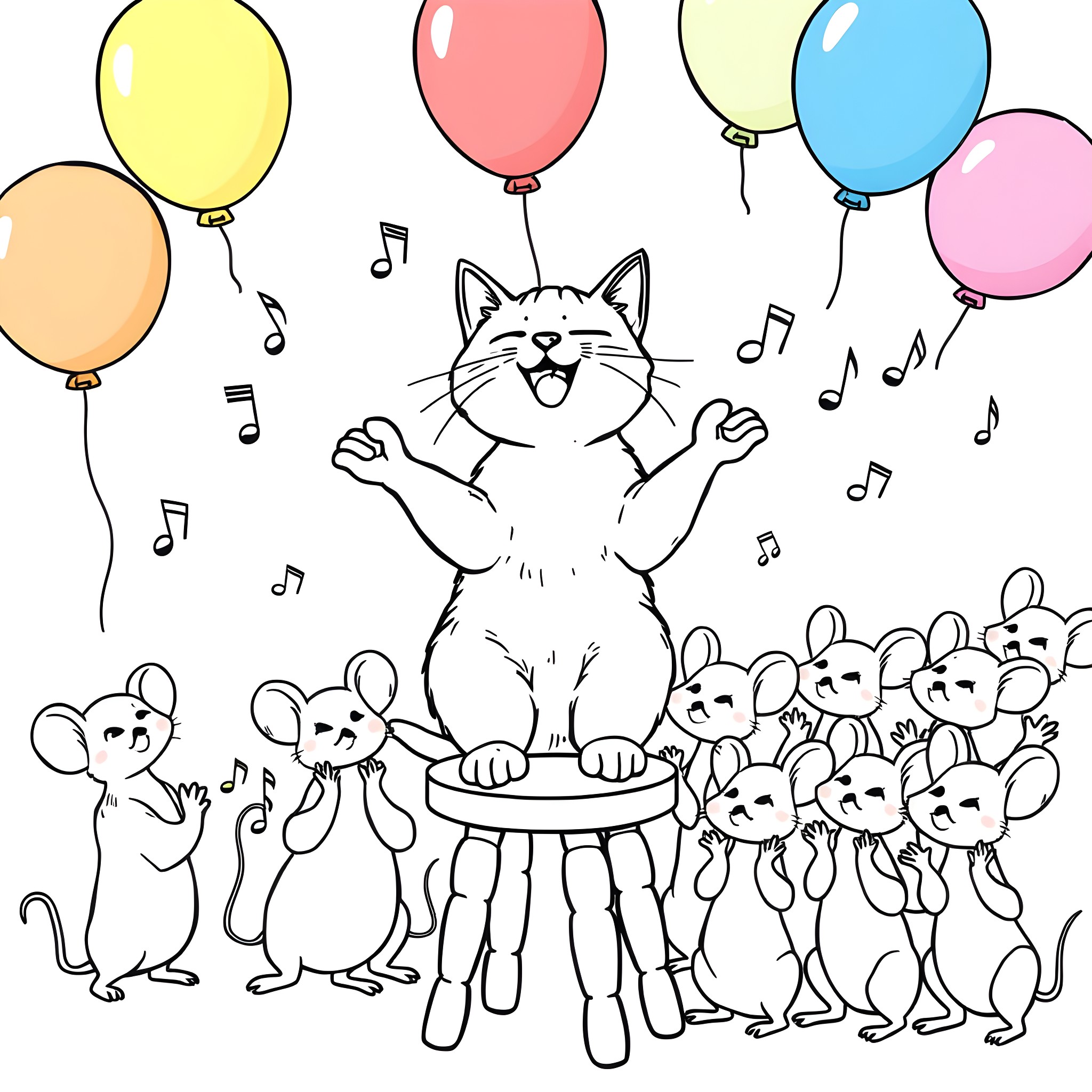 Cat celebrating with musical mice and balloons Coloring Page (free black-and-white line drawing printable PDF for all, from beginners to advanced learners, including children, teens, adults, and seniors)