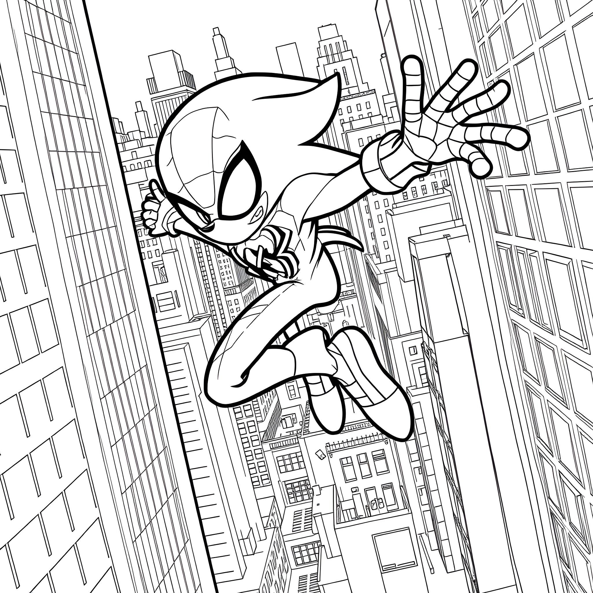 Sonic Spider Man swinging through the city Coloring Page (free black-and-white line drawing printable PDF for all, from beginners to advanced learners, including children, teens, adults, and seniors)